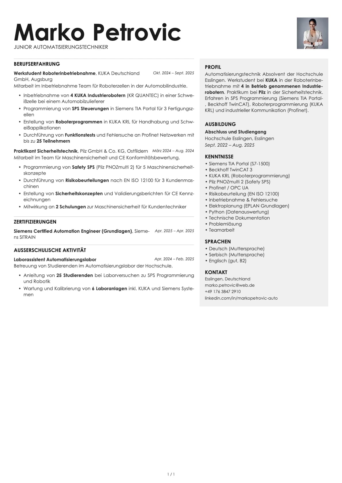 Junior Automatisierungstechniker resume example