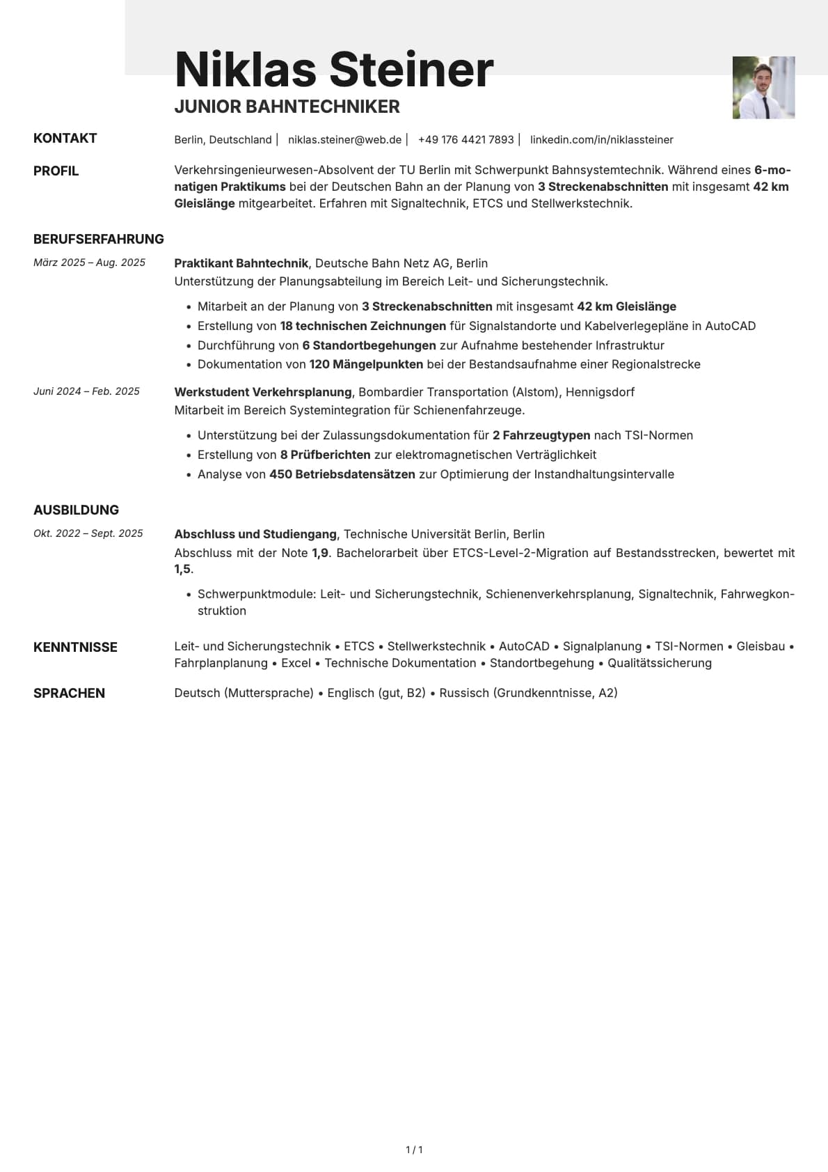Junior Bahntechniker resume example