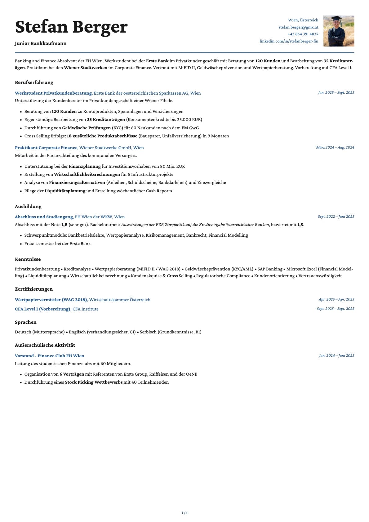 Junior Bankkaufmann resume example