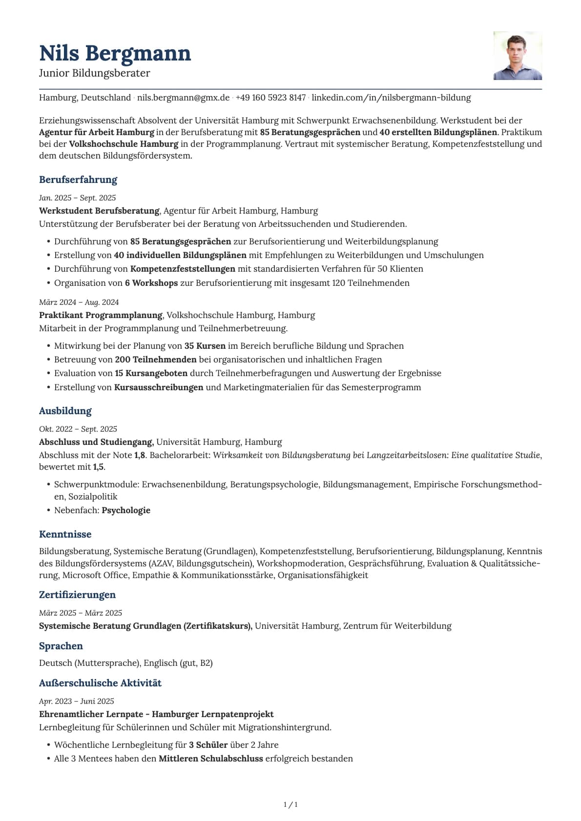 Junior Bildungsberater resume example