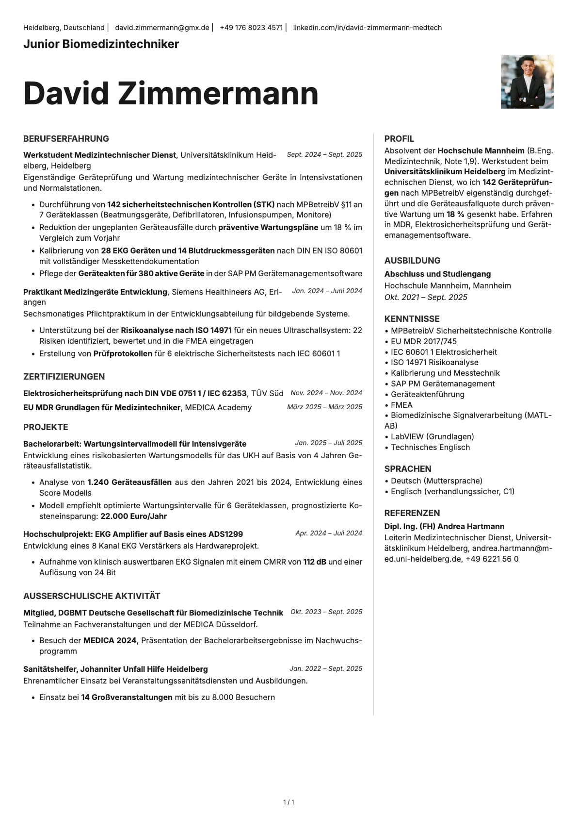 Junior Biomedizintechniker resume example