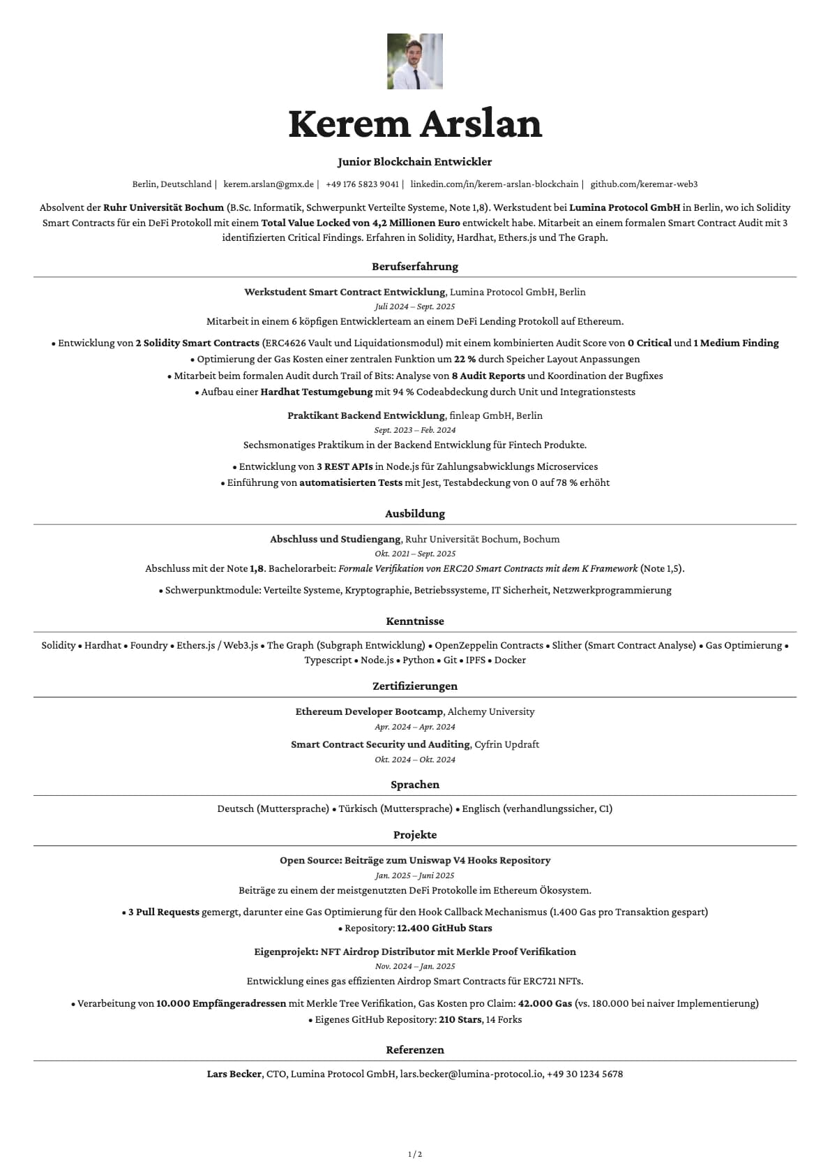 Junior Blockchain Entwickler resume example