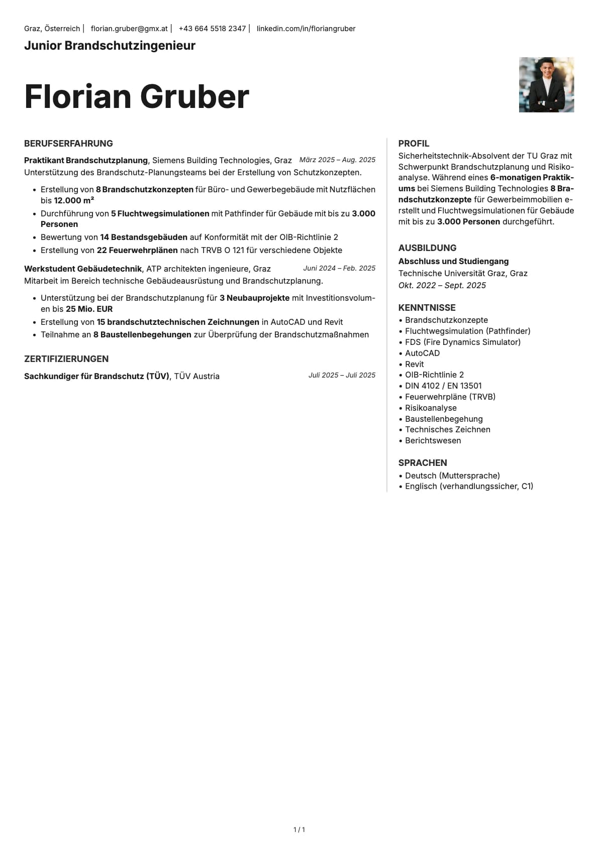 Junior Brandschutzingenieur resume example