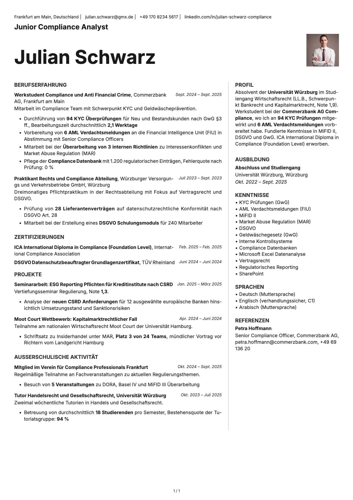 Junior Compliance Analyst resume example