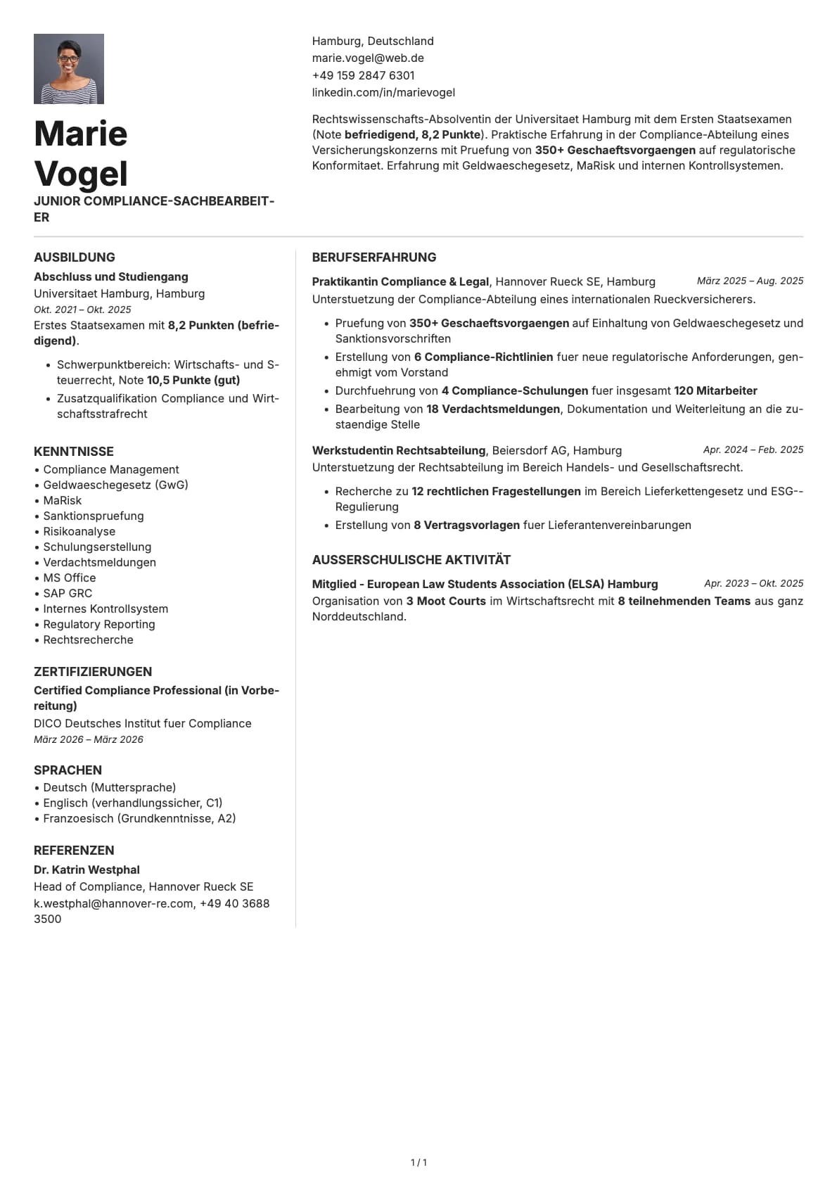 Junior Compliance-Sachbearbeiter resume example