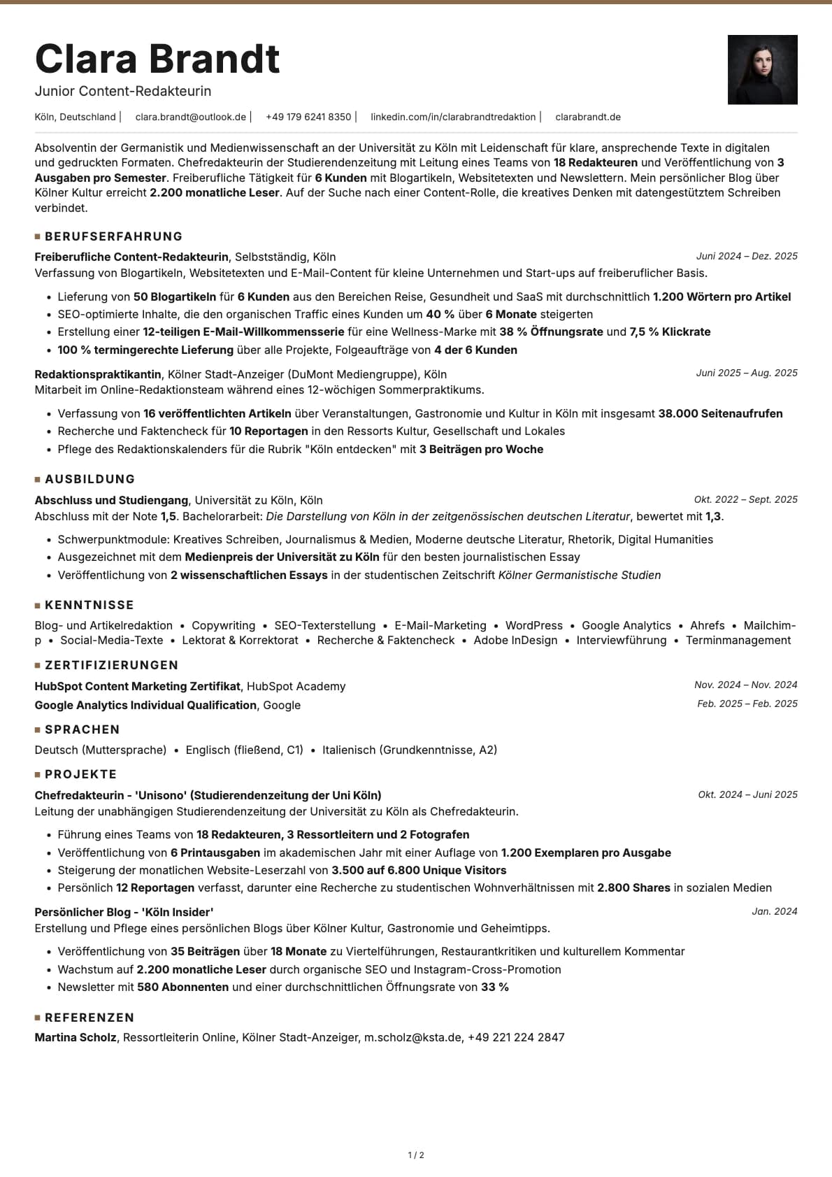 Junior Content Redakteur resume example