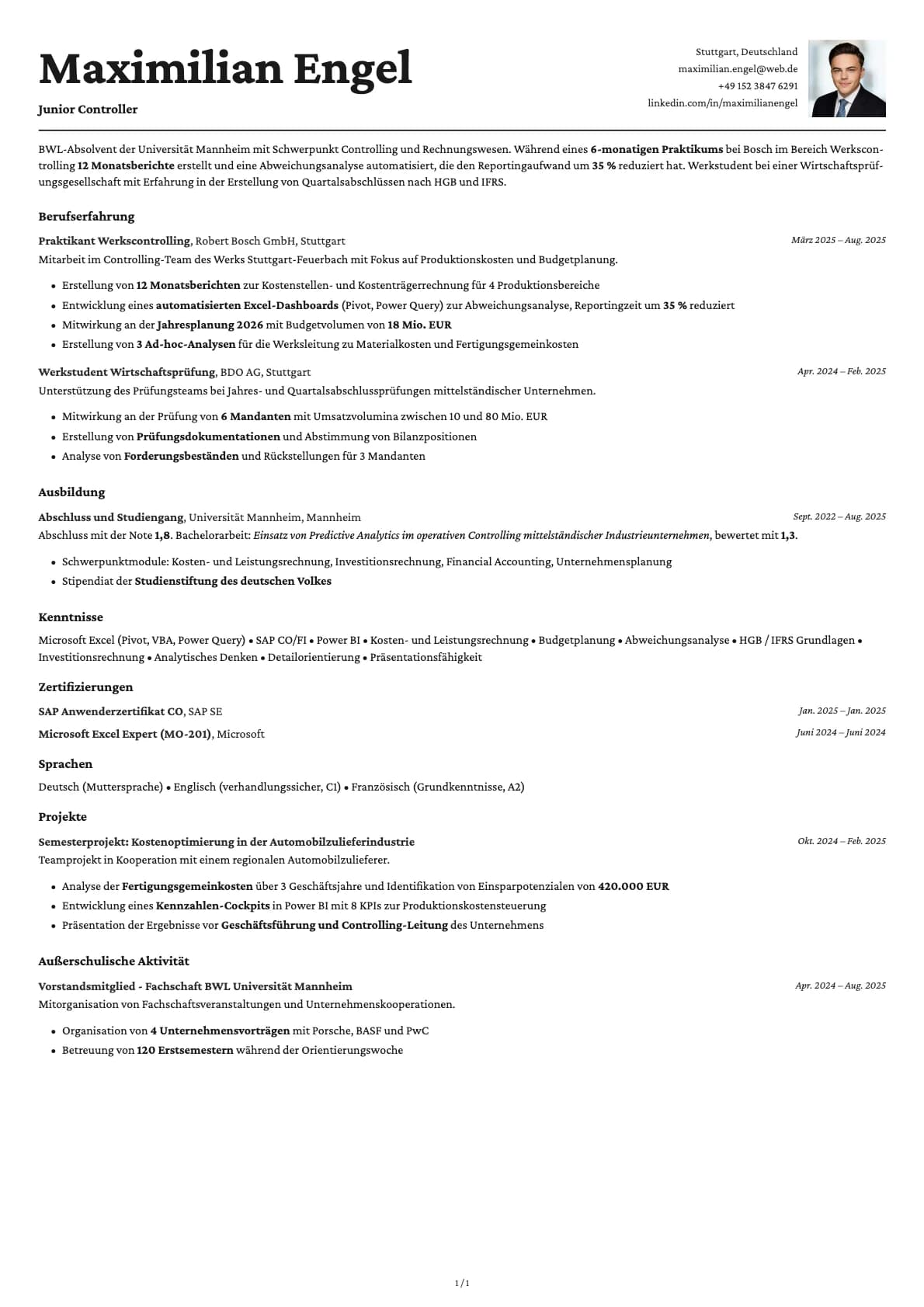 Junior Controller resume example