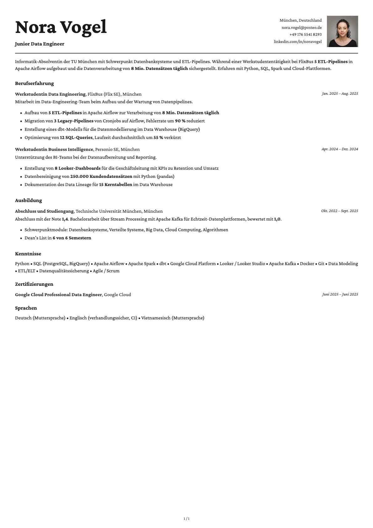 Junior Data Engineer resume example