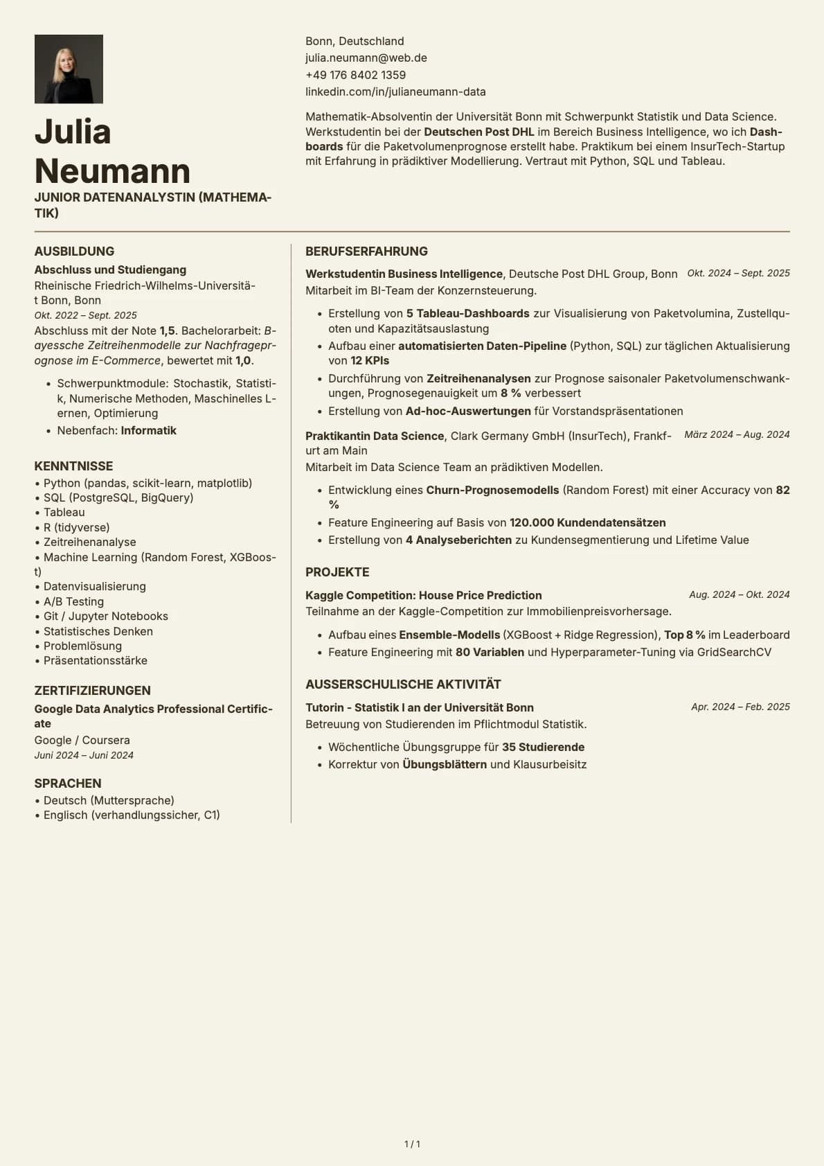 Junior Datenanalystin (Mathematik) resume example