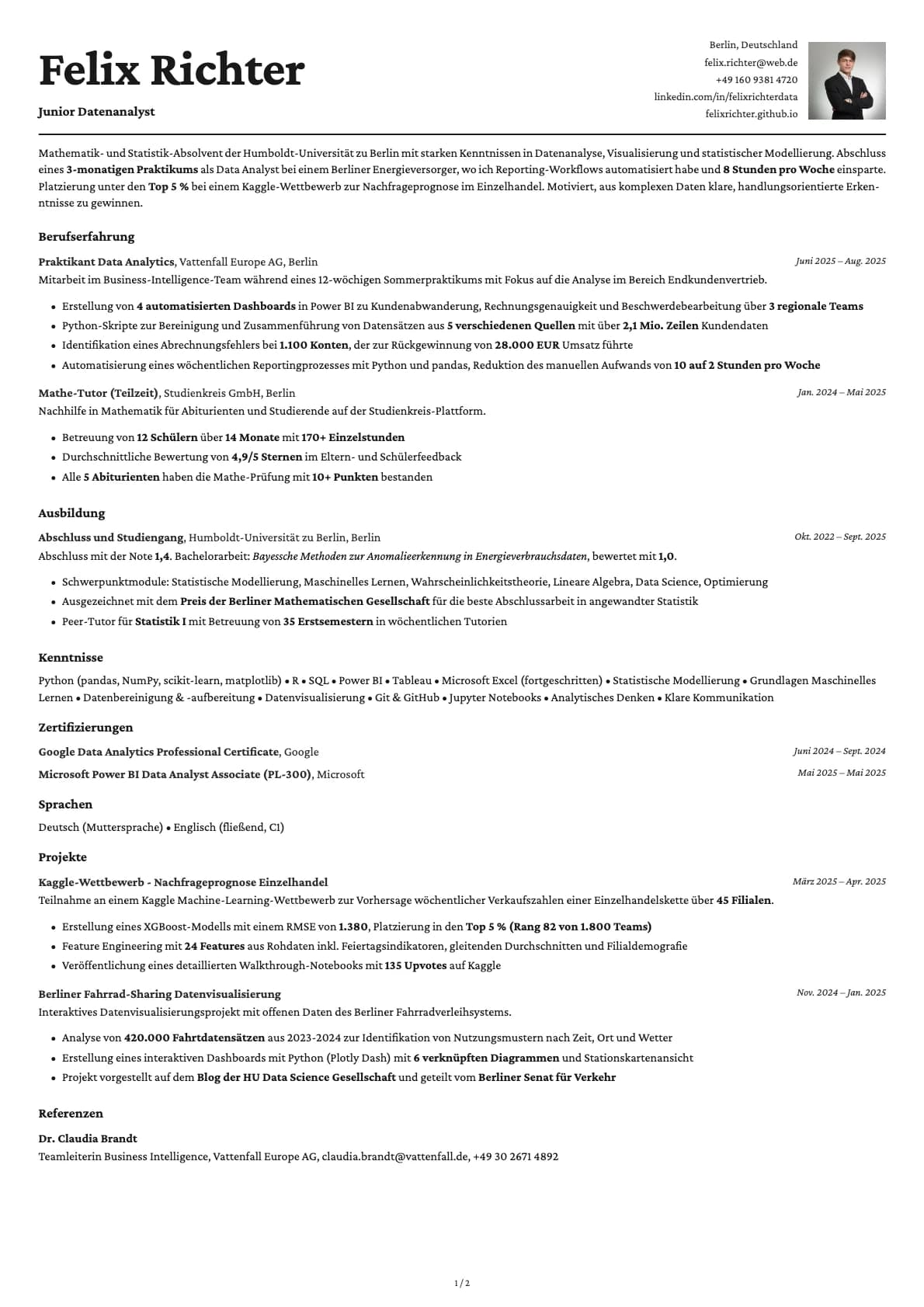 Junior Datenanalyst resume example
