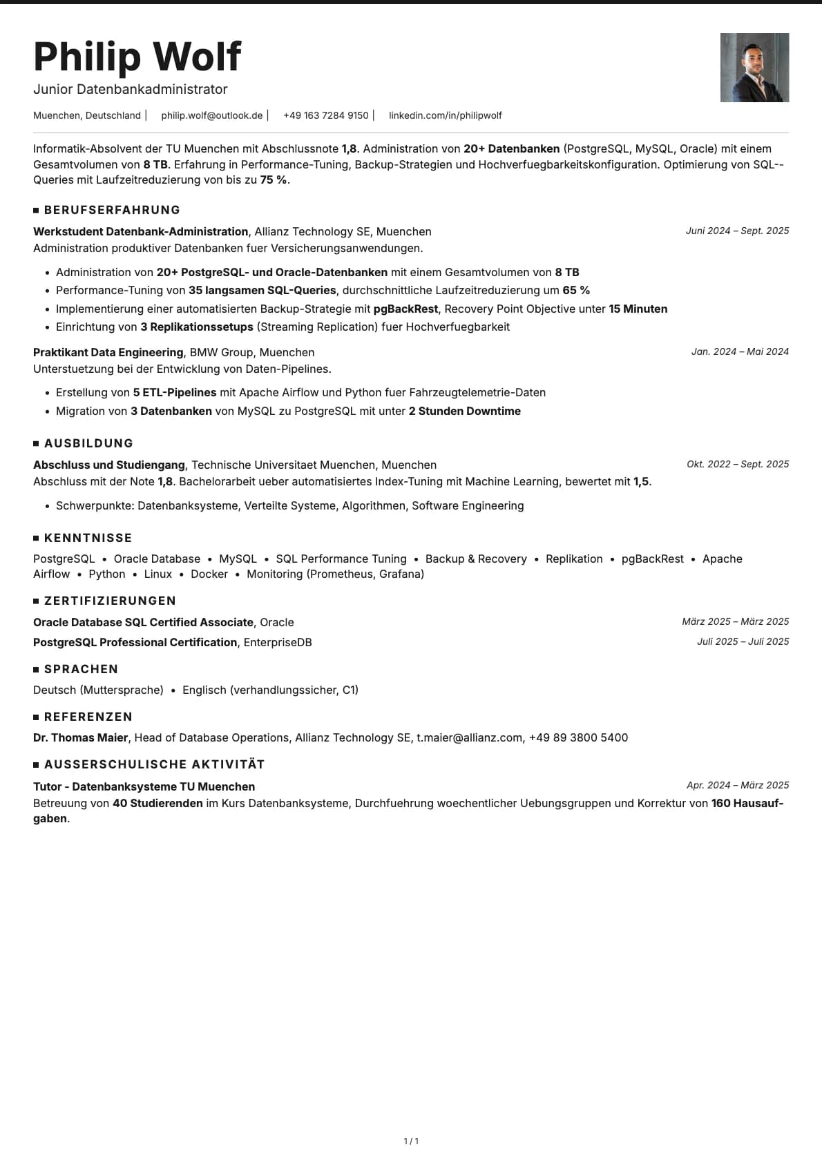 Junior Datenbankadministrator resume example