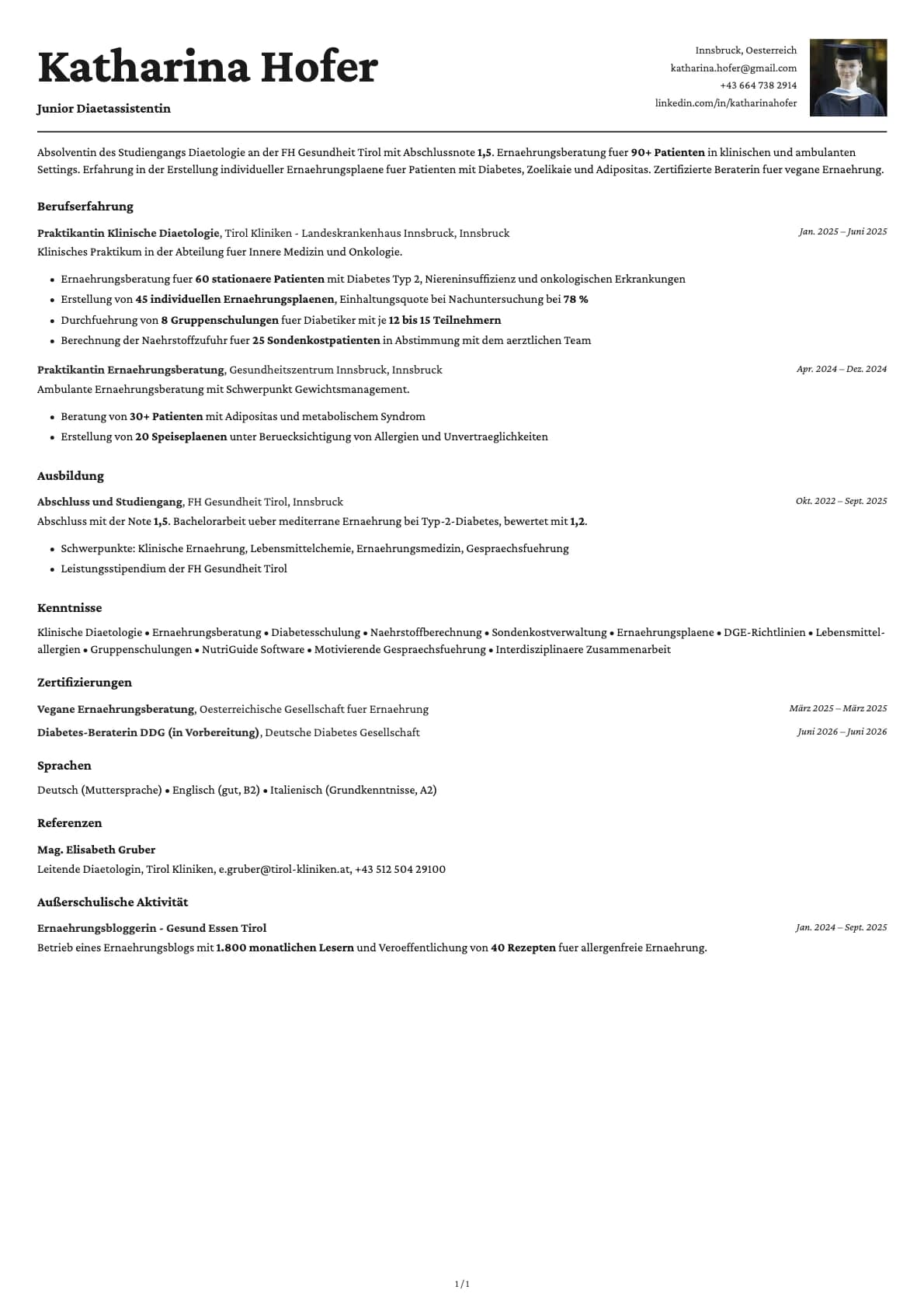Junior Diaetassistentin resume example