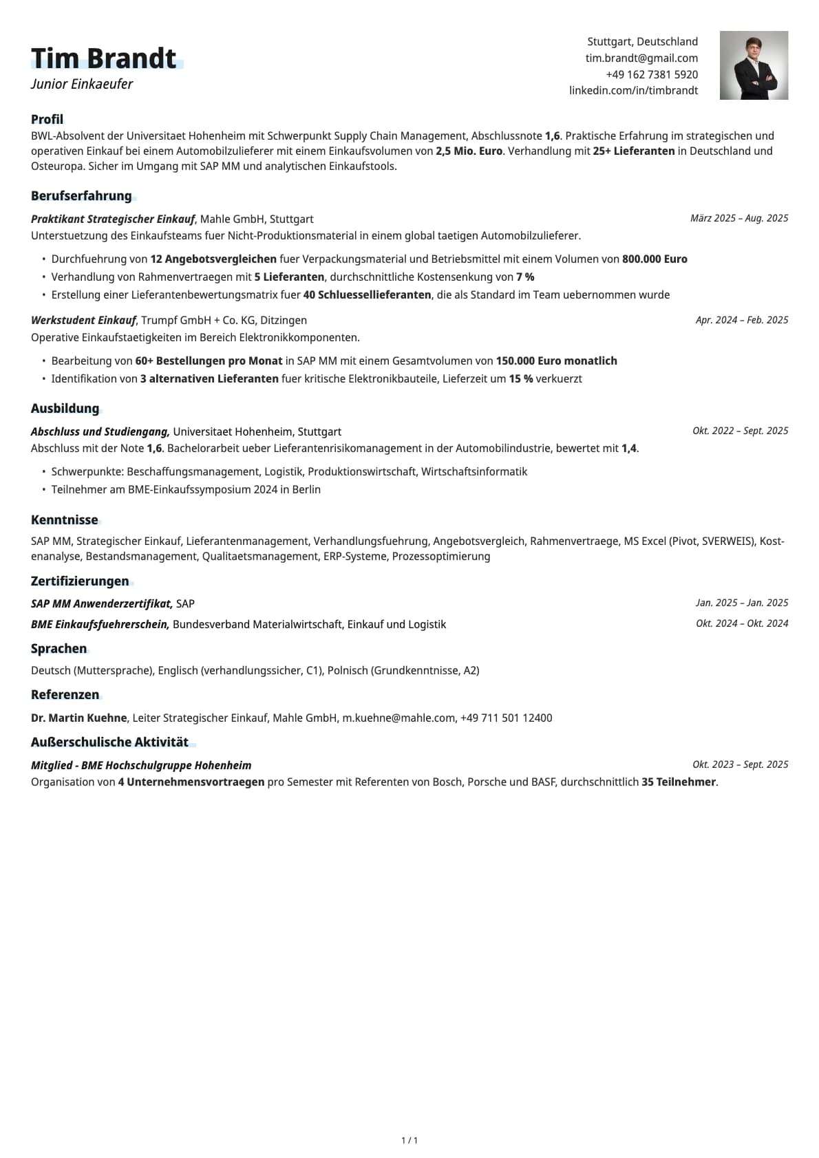 Junior Einkaeufer resume example