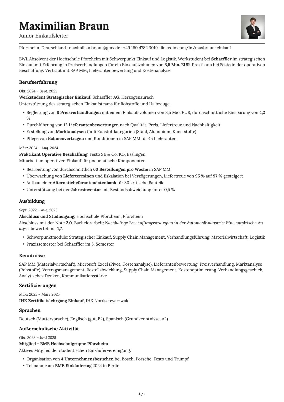 Junior Einkaufsleiter resume example