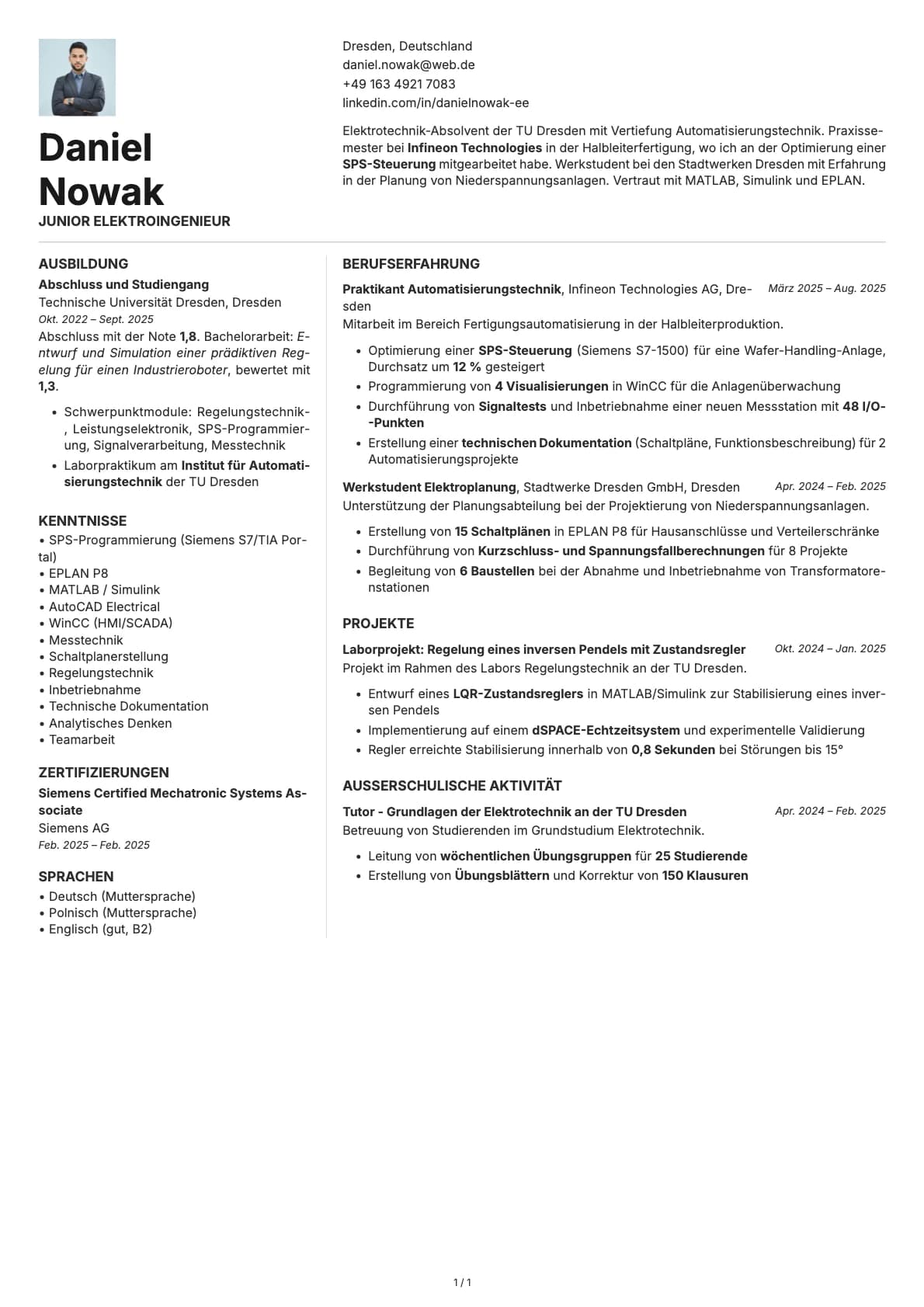 Junior Elektroingenieur resume example