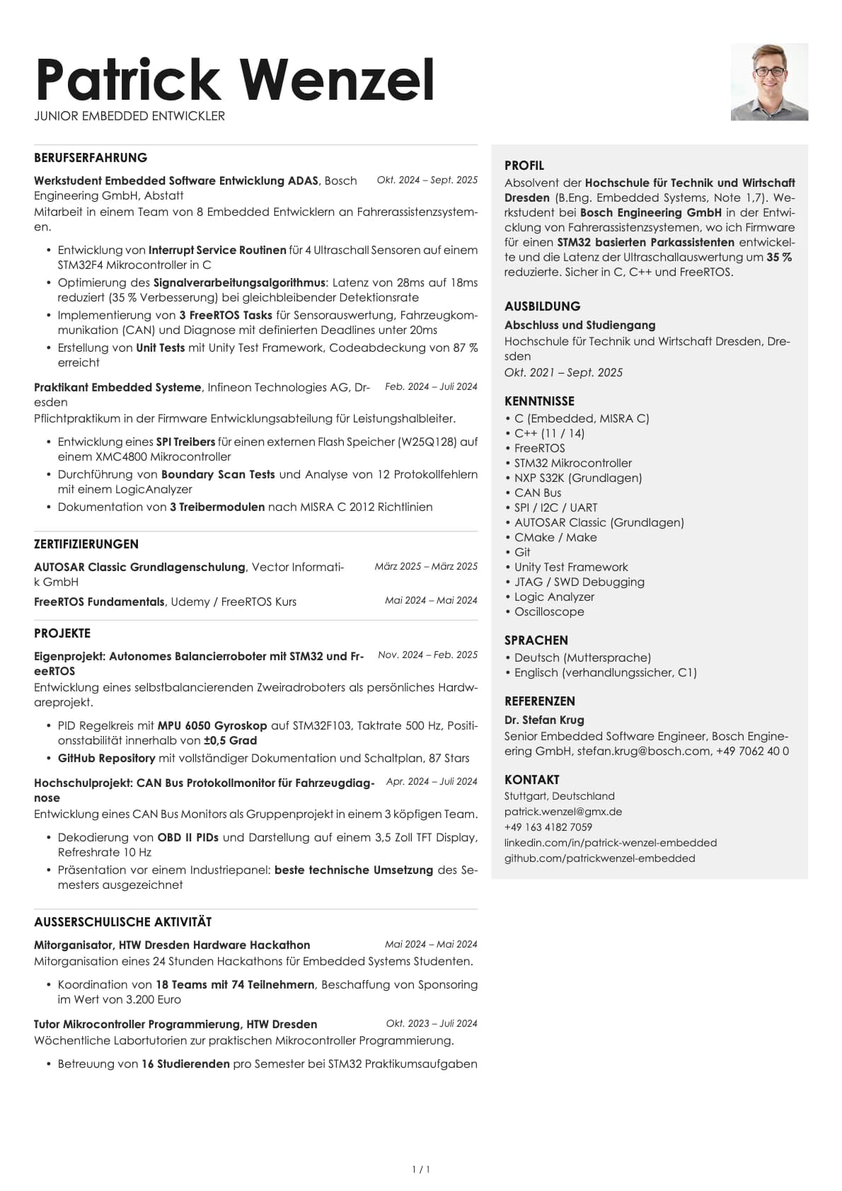 Junior Embedded Entwickler resume example