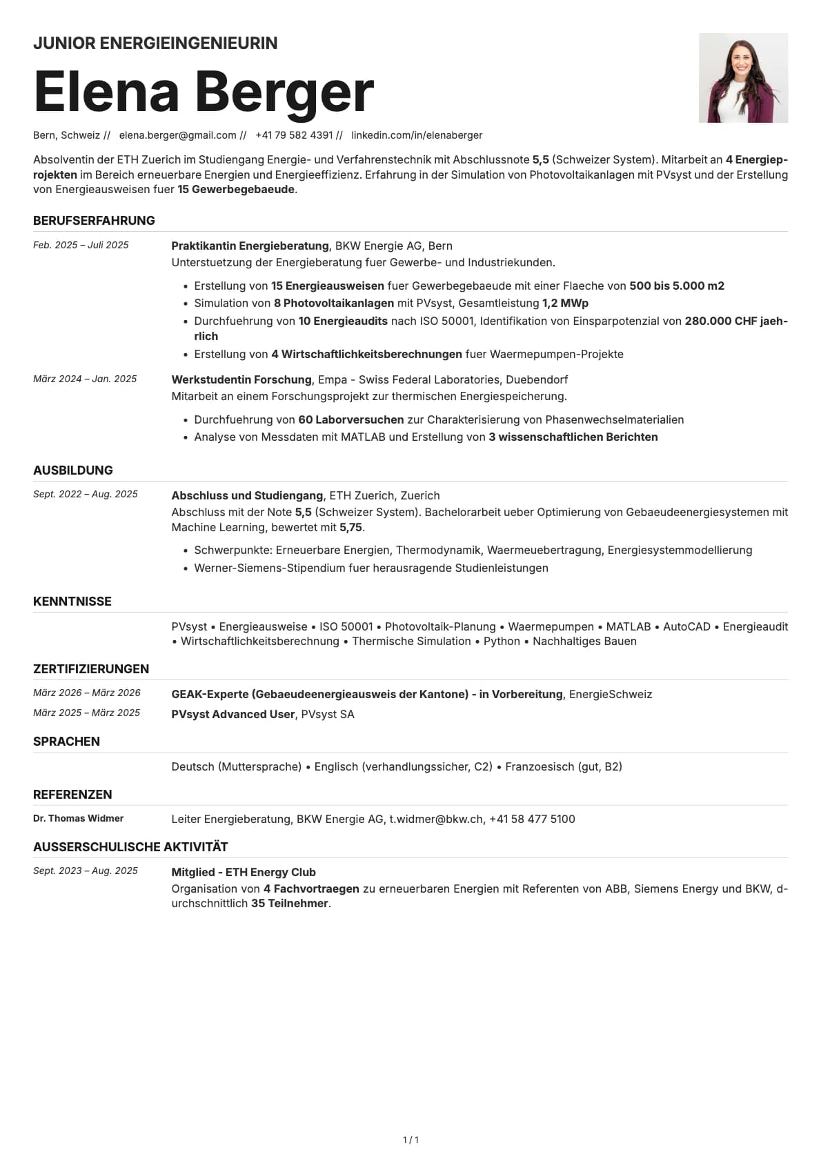 Junior Energieingenieurin resume example