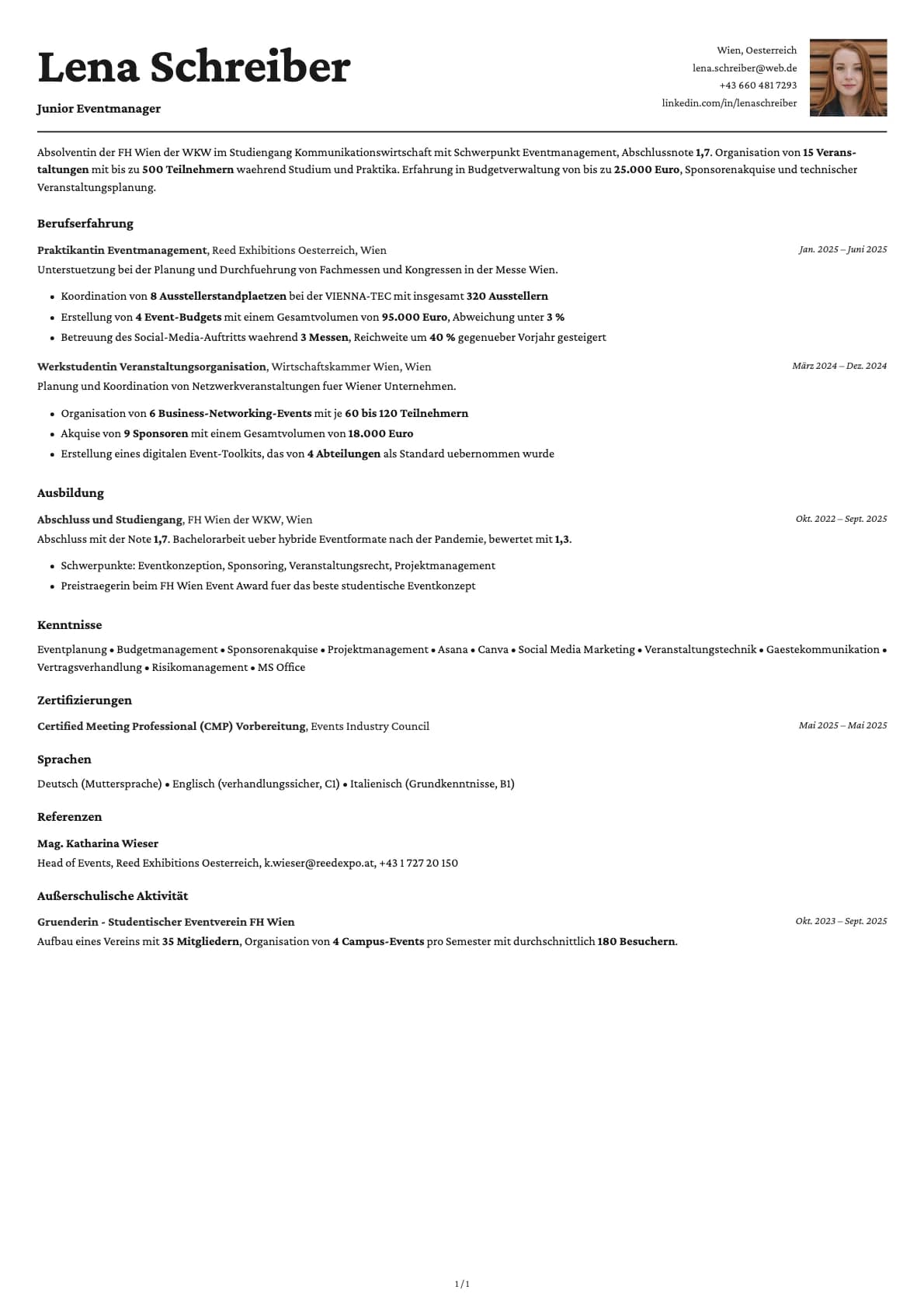 Junior Eventmanager resume example