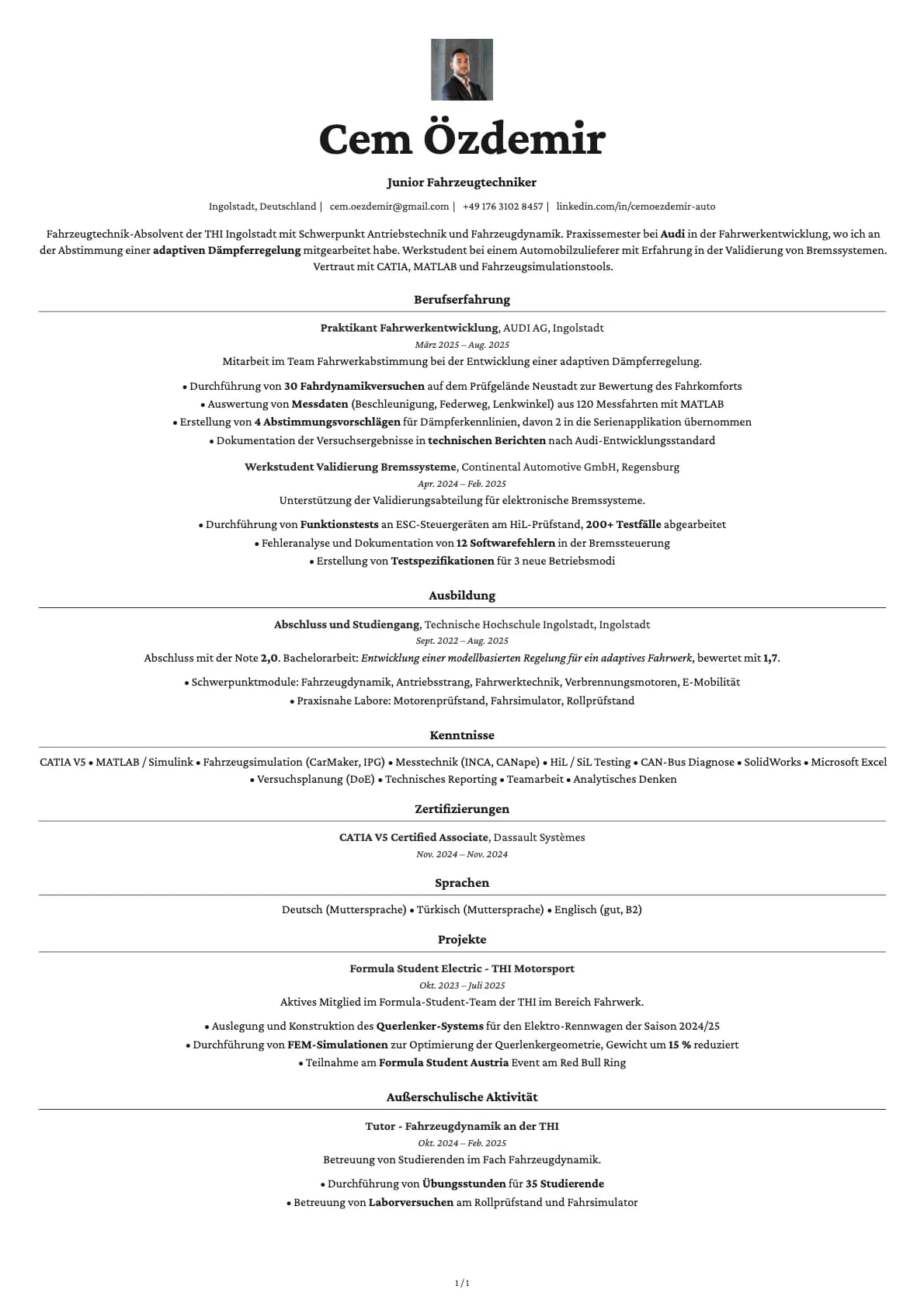 Junior Fahrzeugtechniker resume example