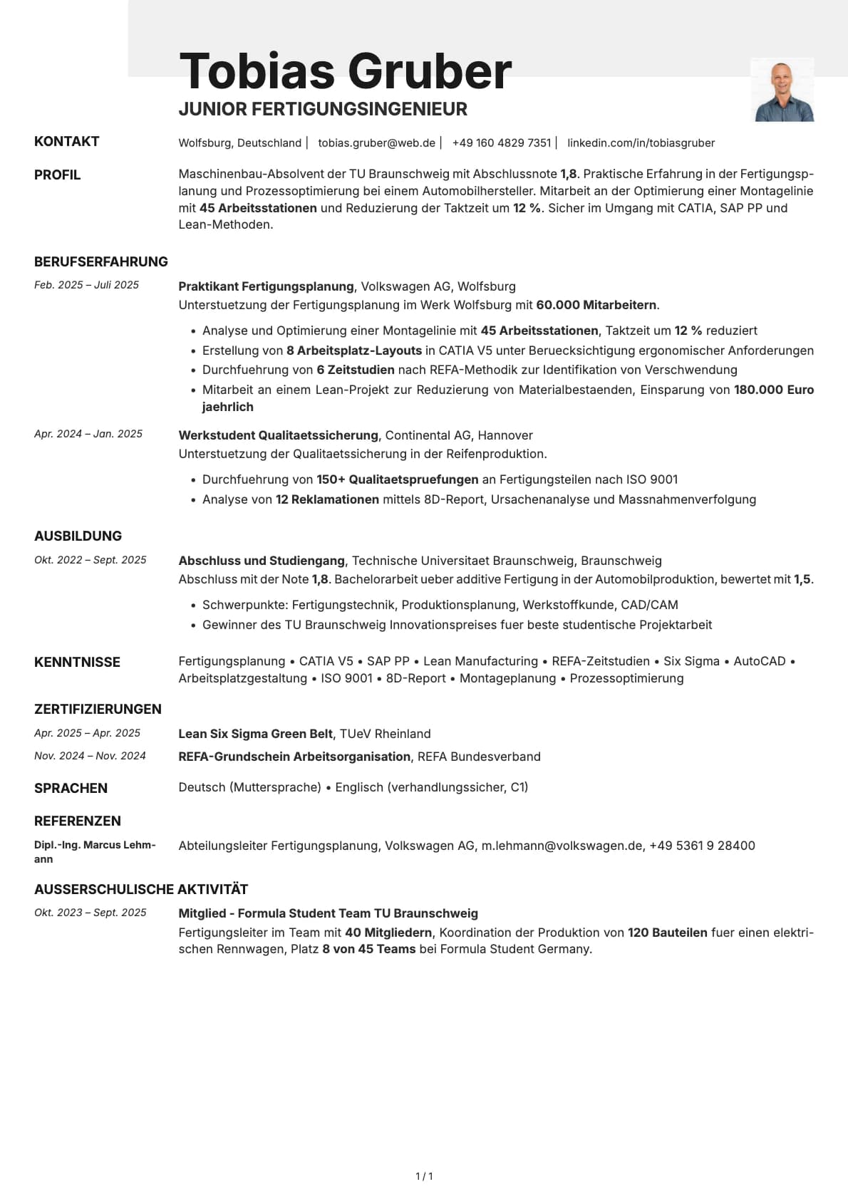 Junior Fertigungsingenieur resume example