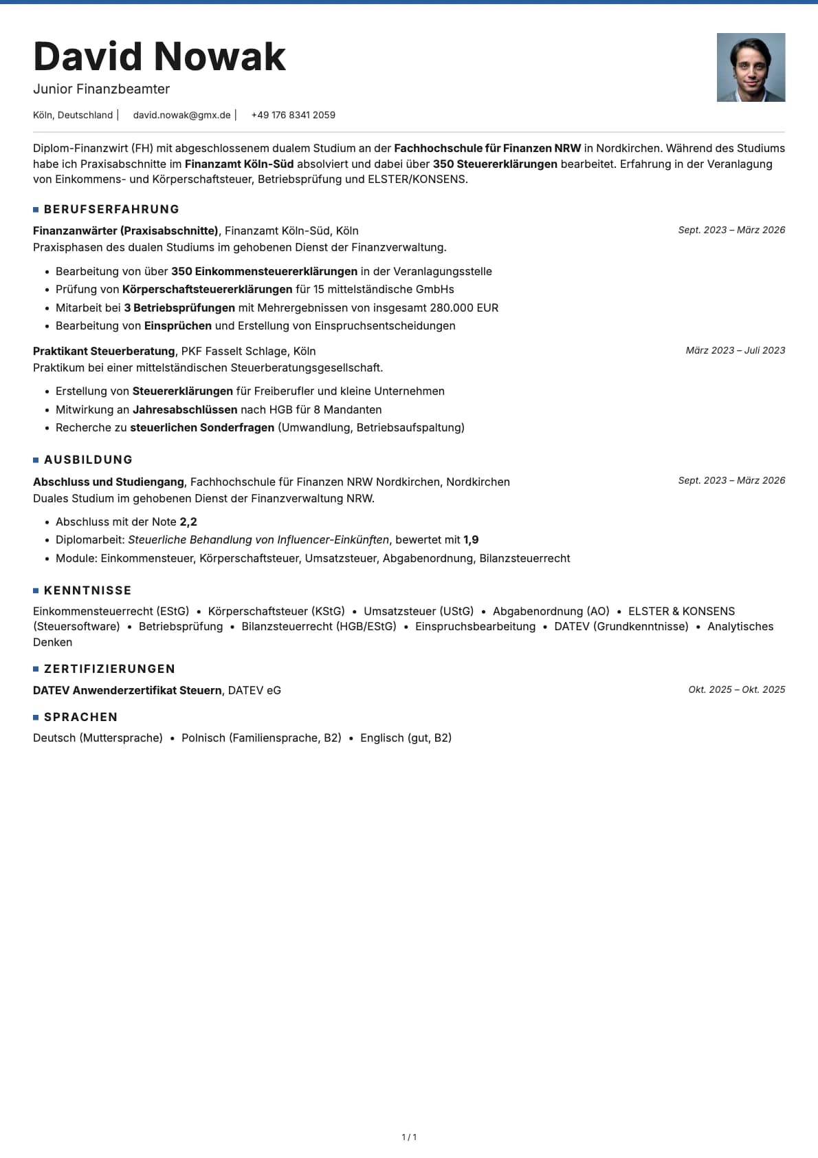 Junior Finanzbeamter resume example