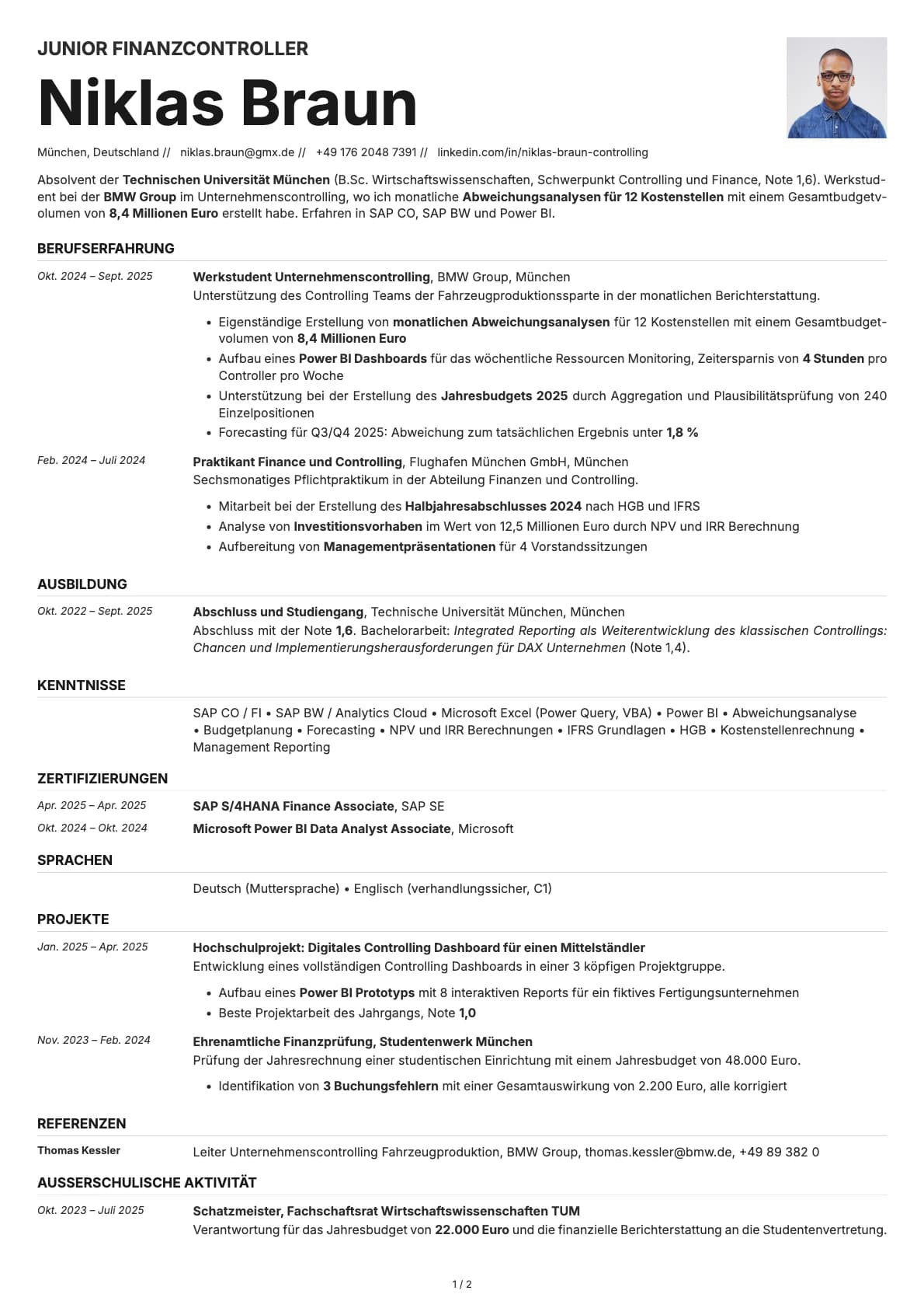 Junior Finanzcontroller resume example