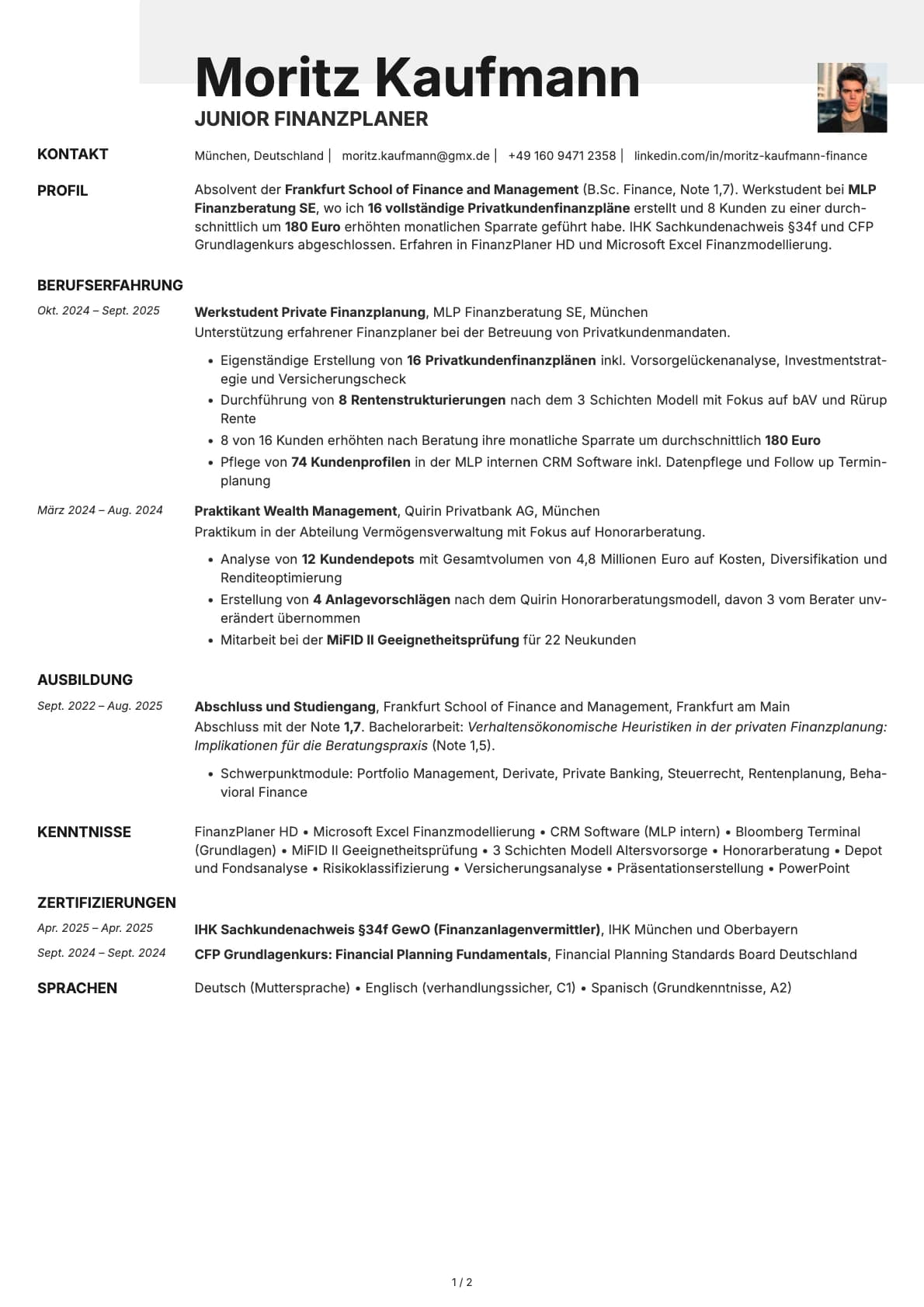 Junior Finanzplaner resume example