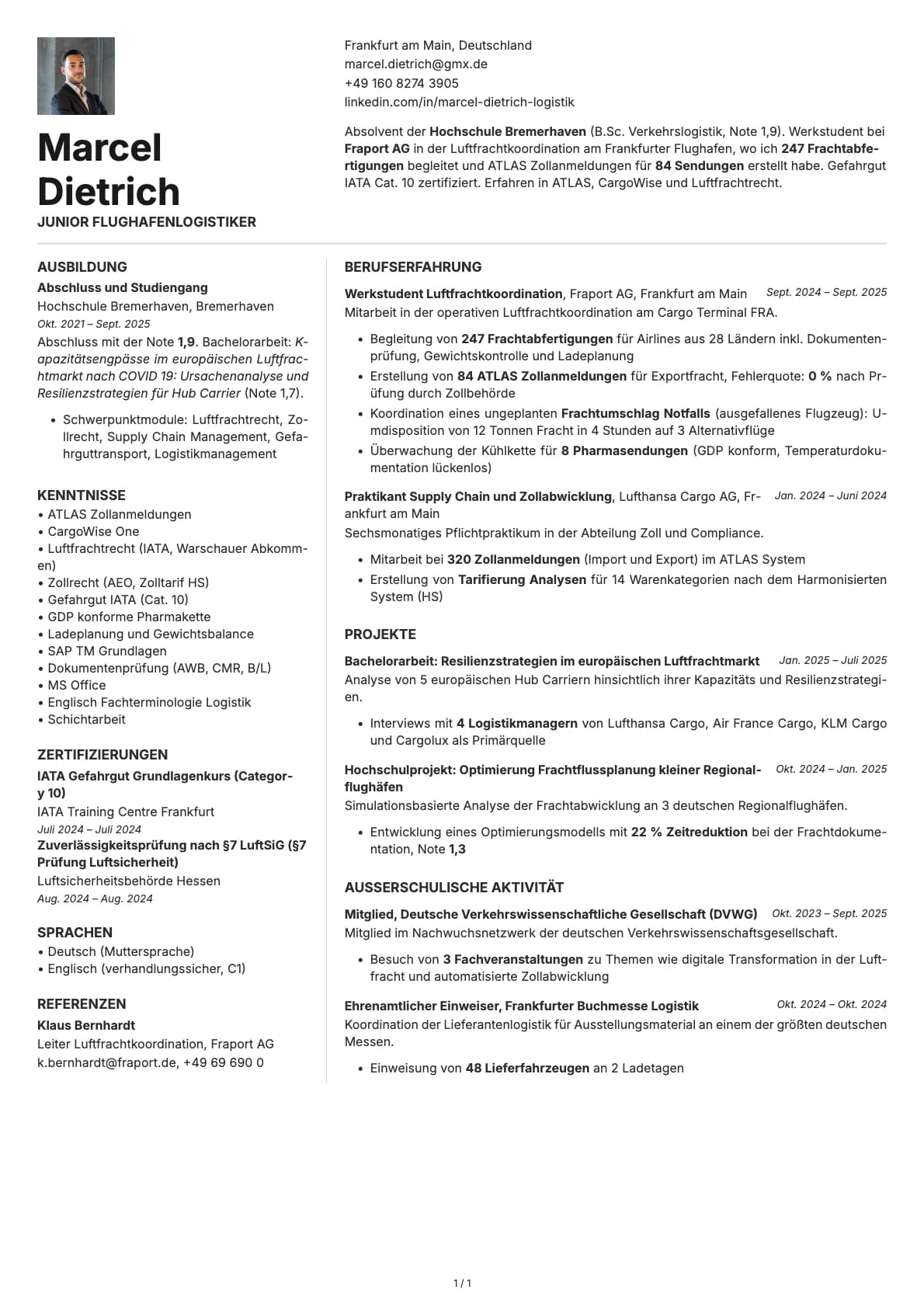 Junior Flughafenlogistiker resume example