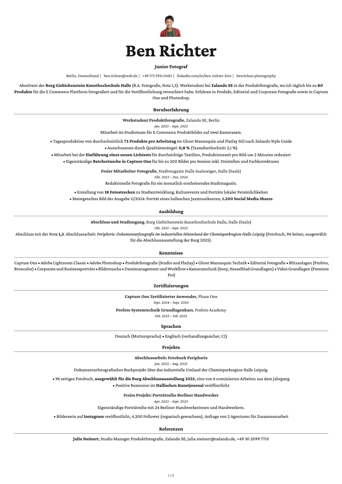 Junior Fotograf resume example