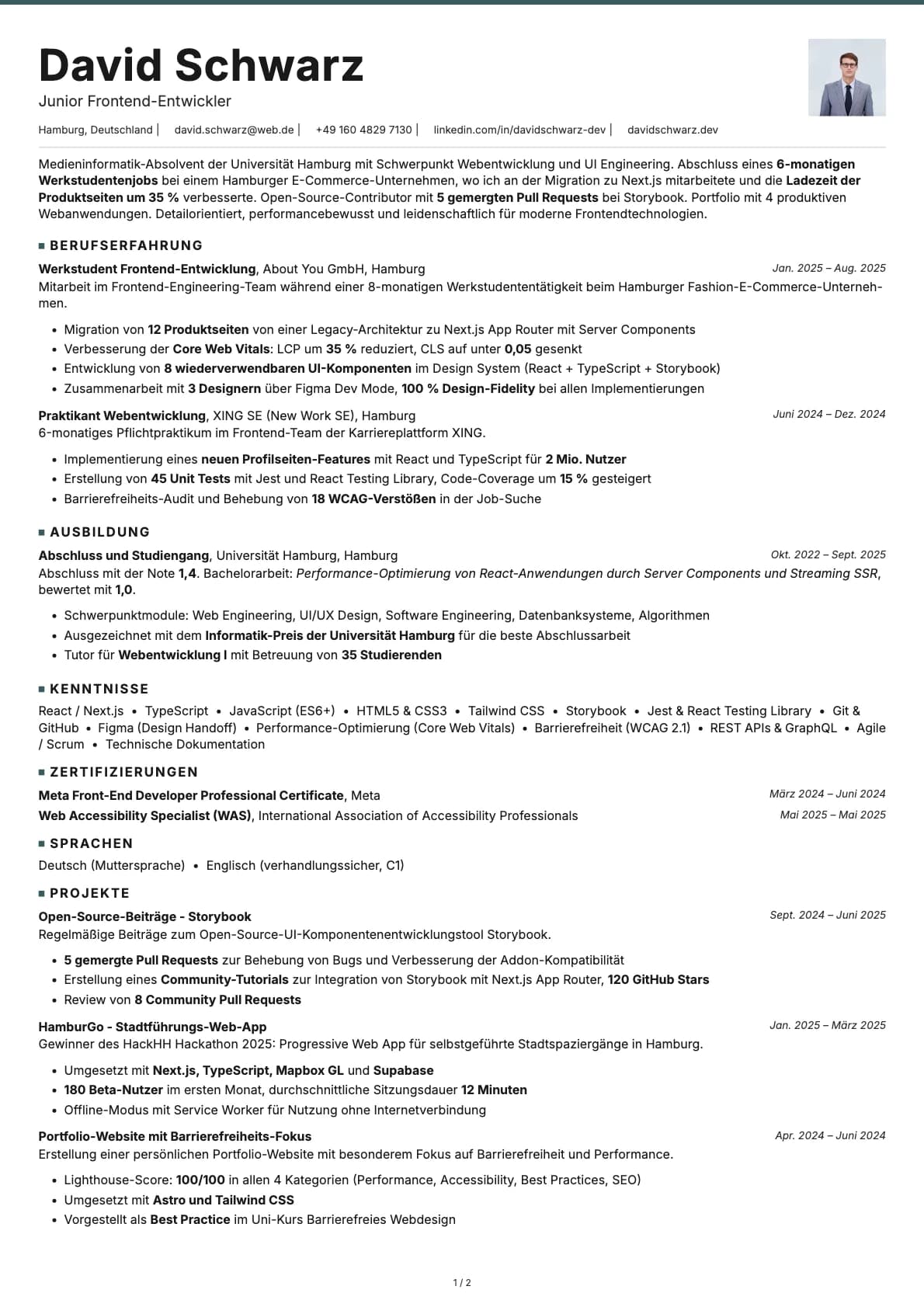 Junior Frontend Entwickler resume example