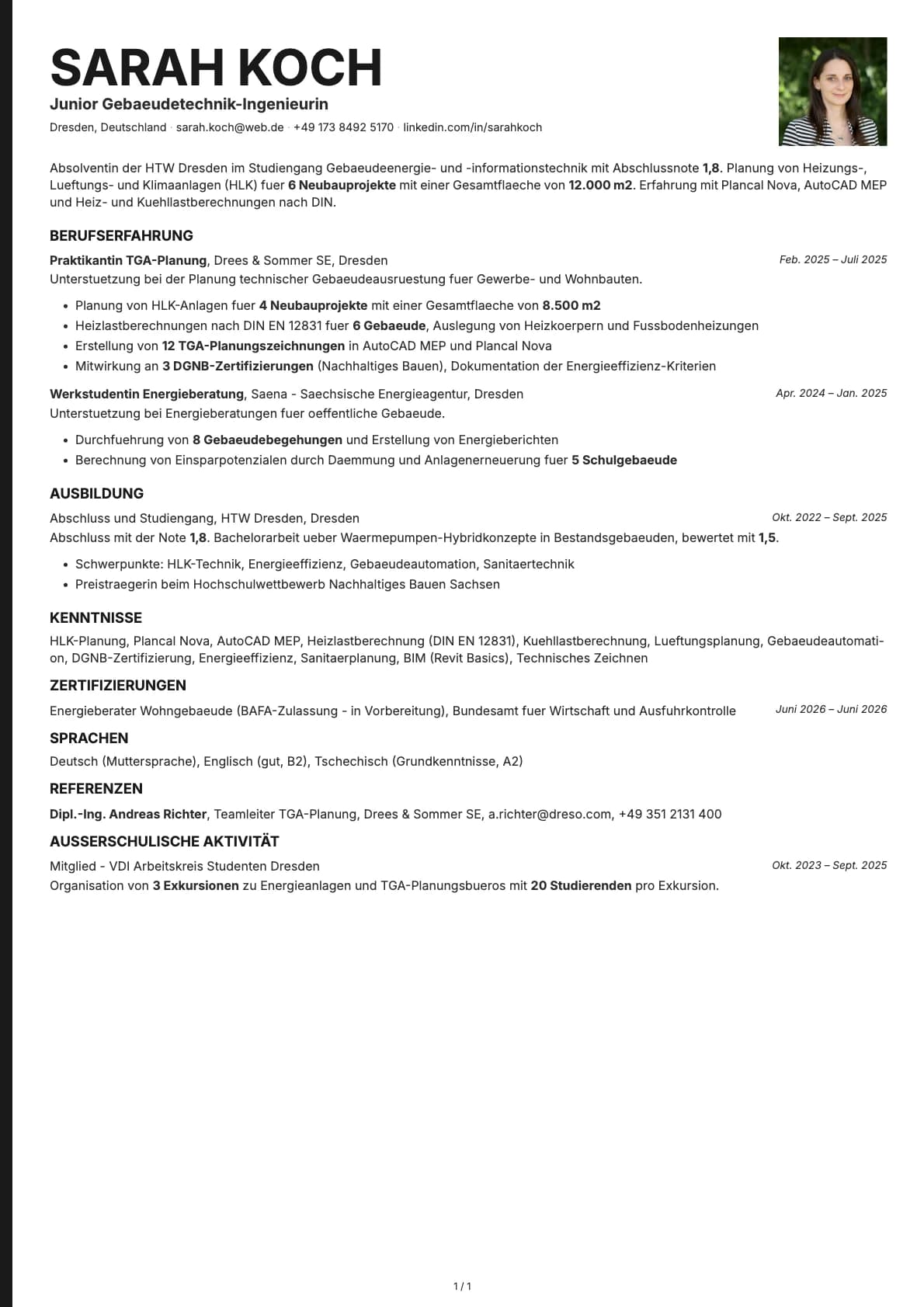 Junior Gebaeudetechnik-Ingenieurin resume example