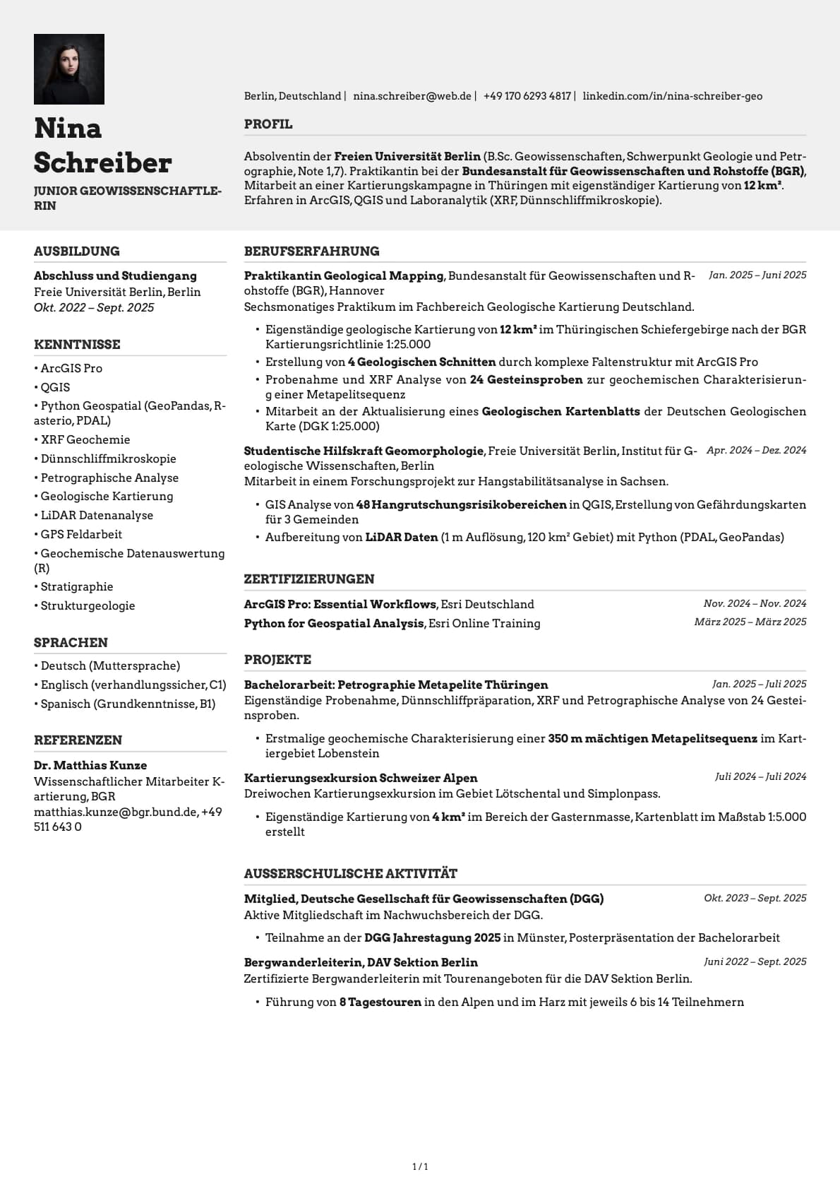 Junior Geowissenschaftler resume example