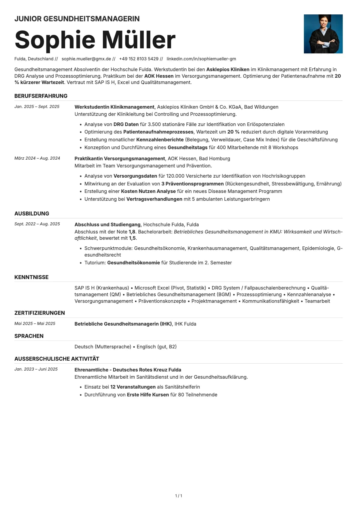Junior Gesundheitsmanager resume example