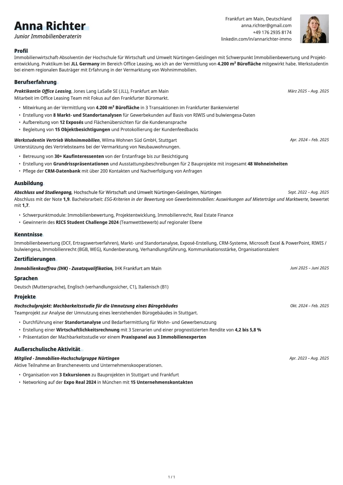 Junior Immobilienberaterin resume example