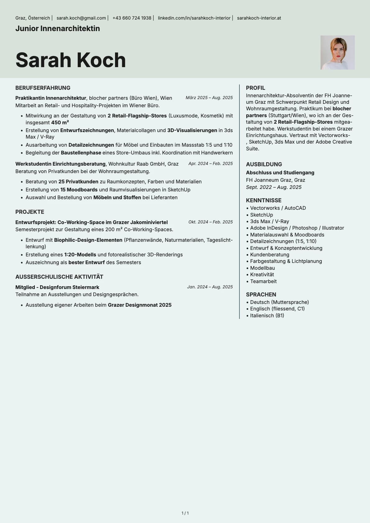 Junior Innenarchitektin resume example