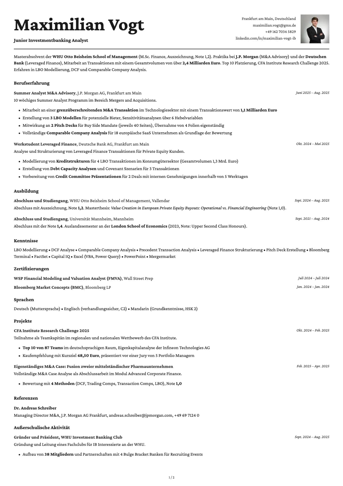 Junior Investmentbanking Analyst resume example