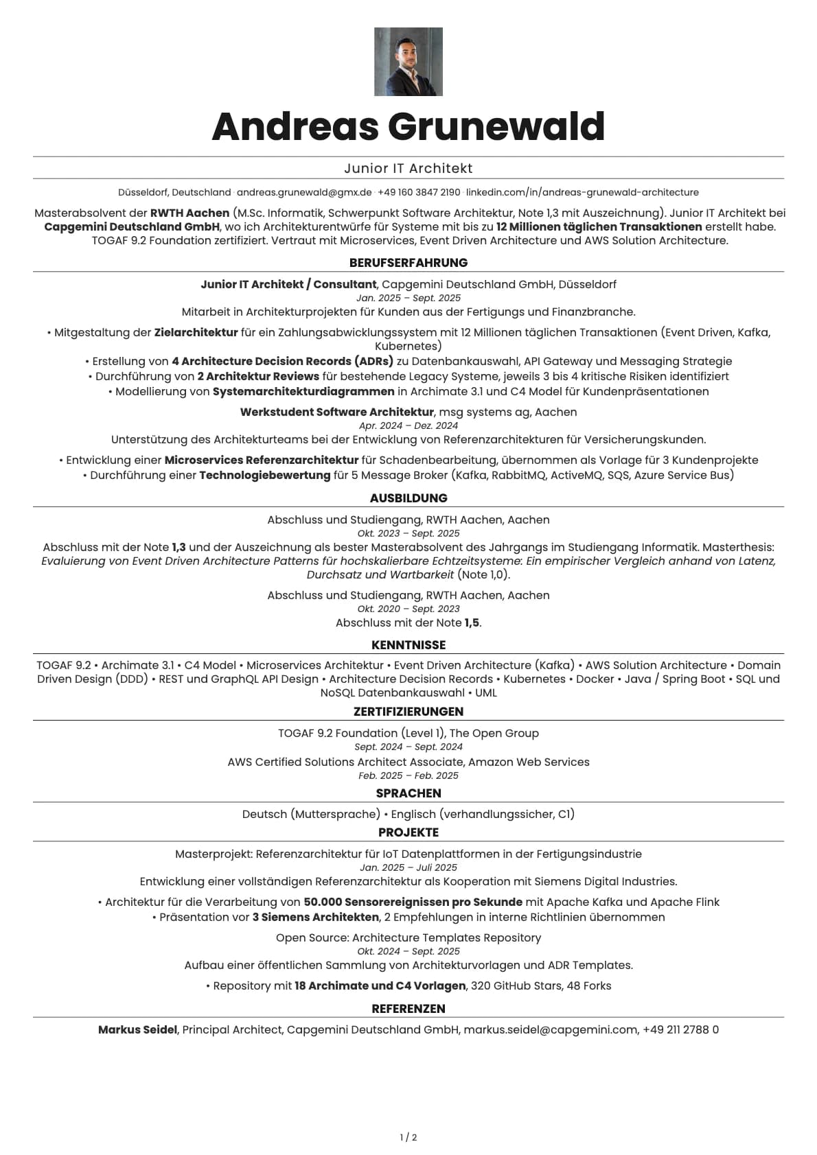 Junior IT Architekt resume example