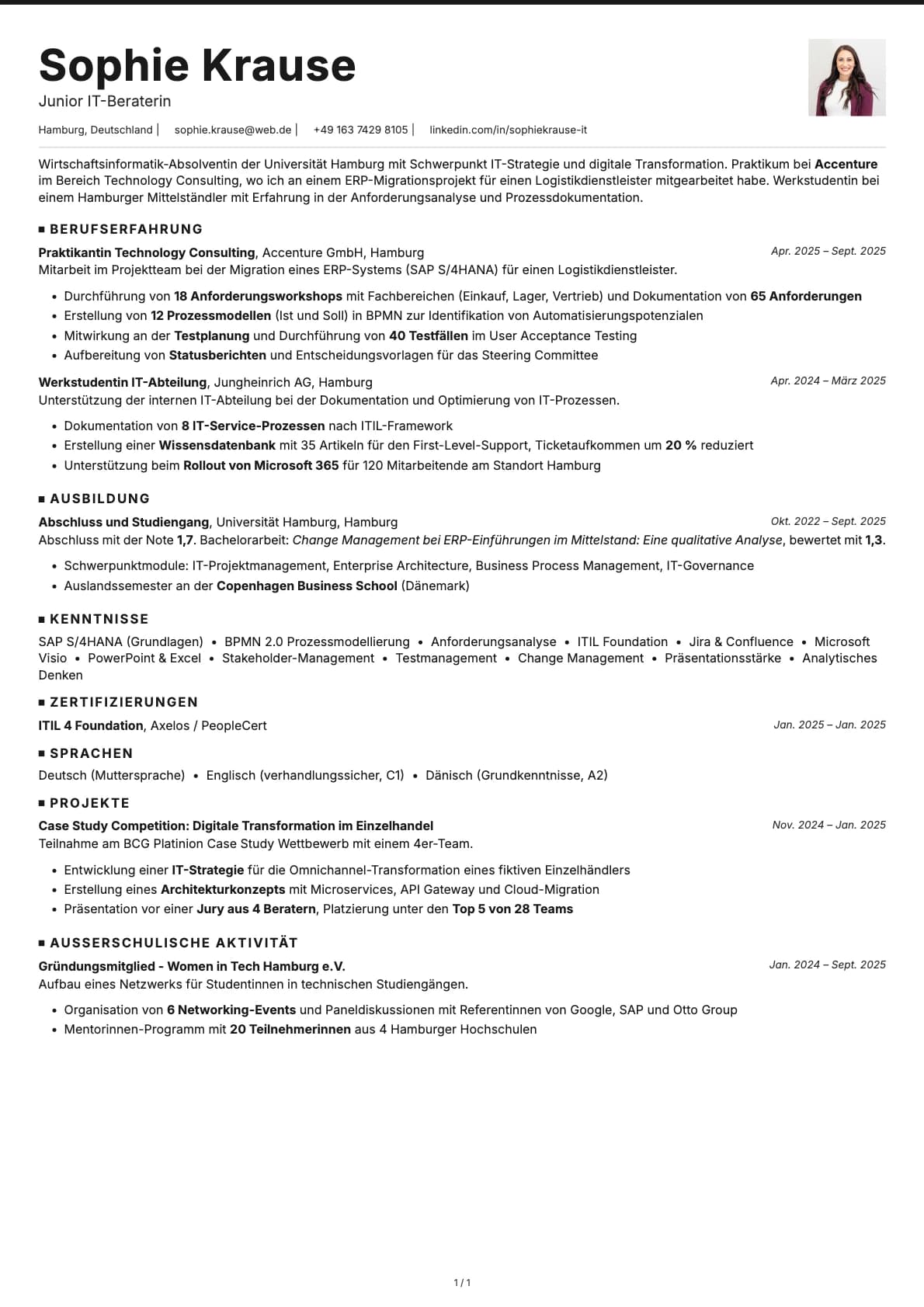 Junior IT-Beraterin resume example