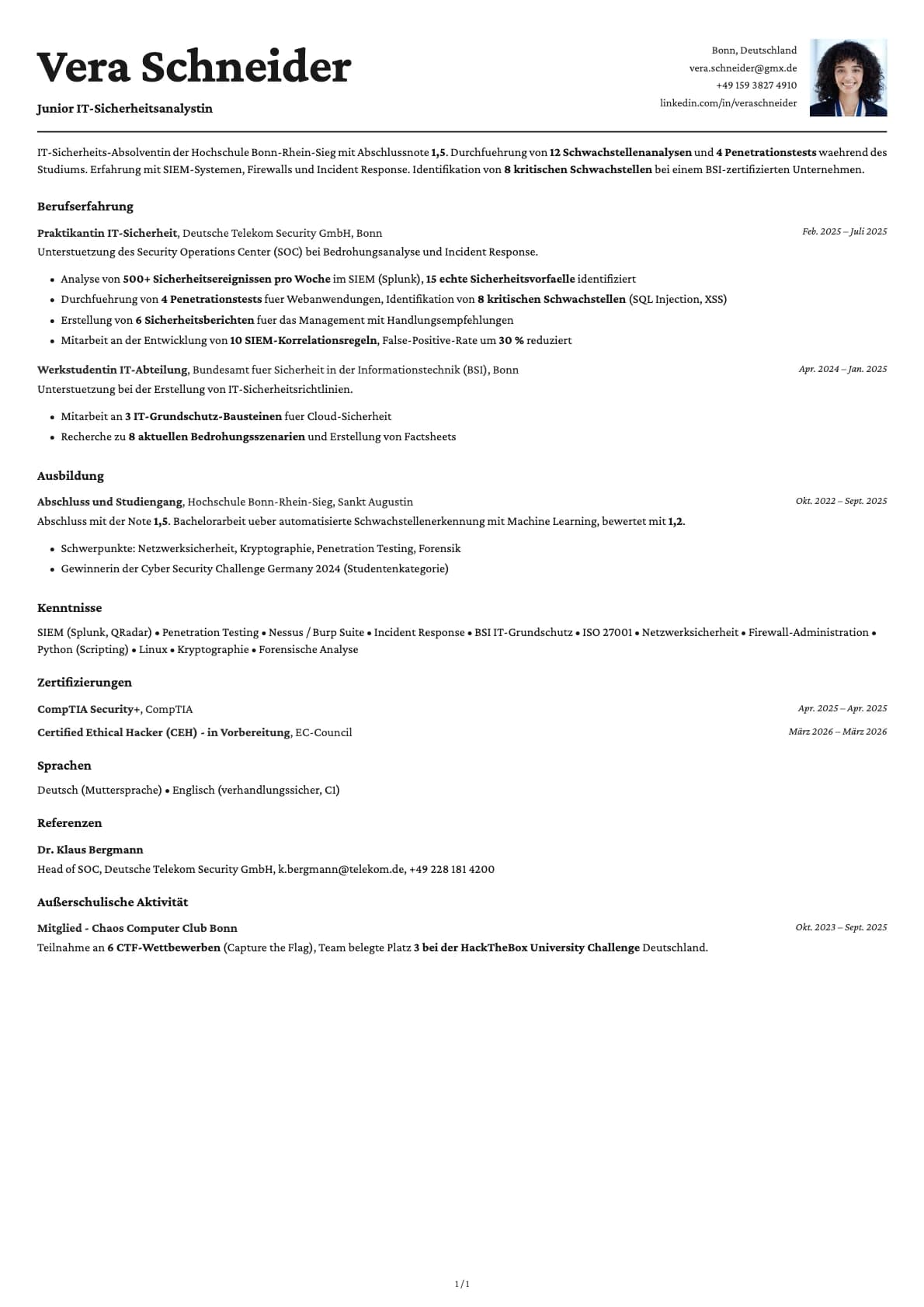 Junior IT-Sicherheitsanalystin resume example