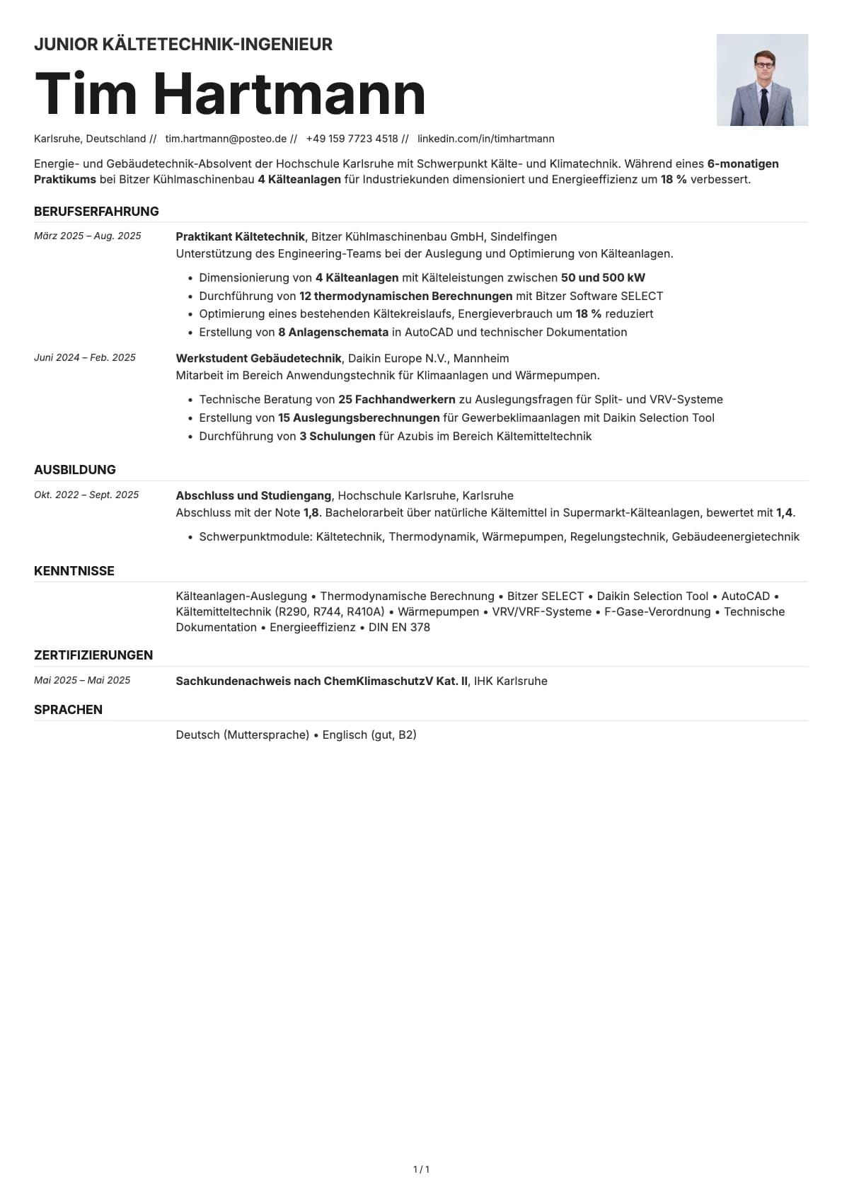 Junior Kältetechnik-Ingenieur resume example