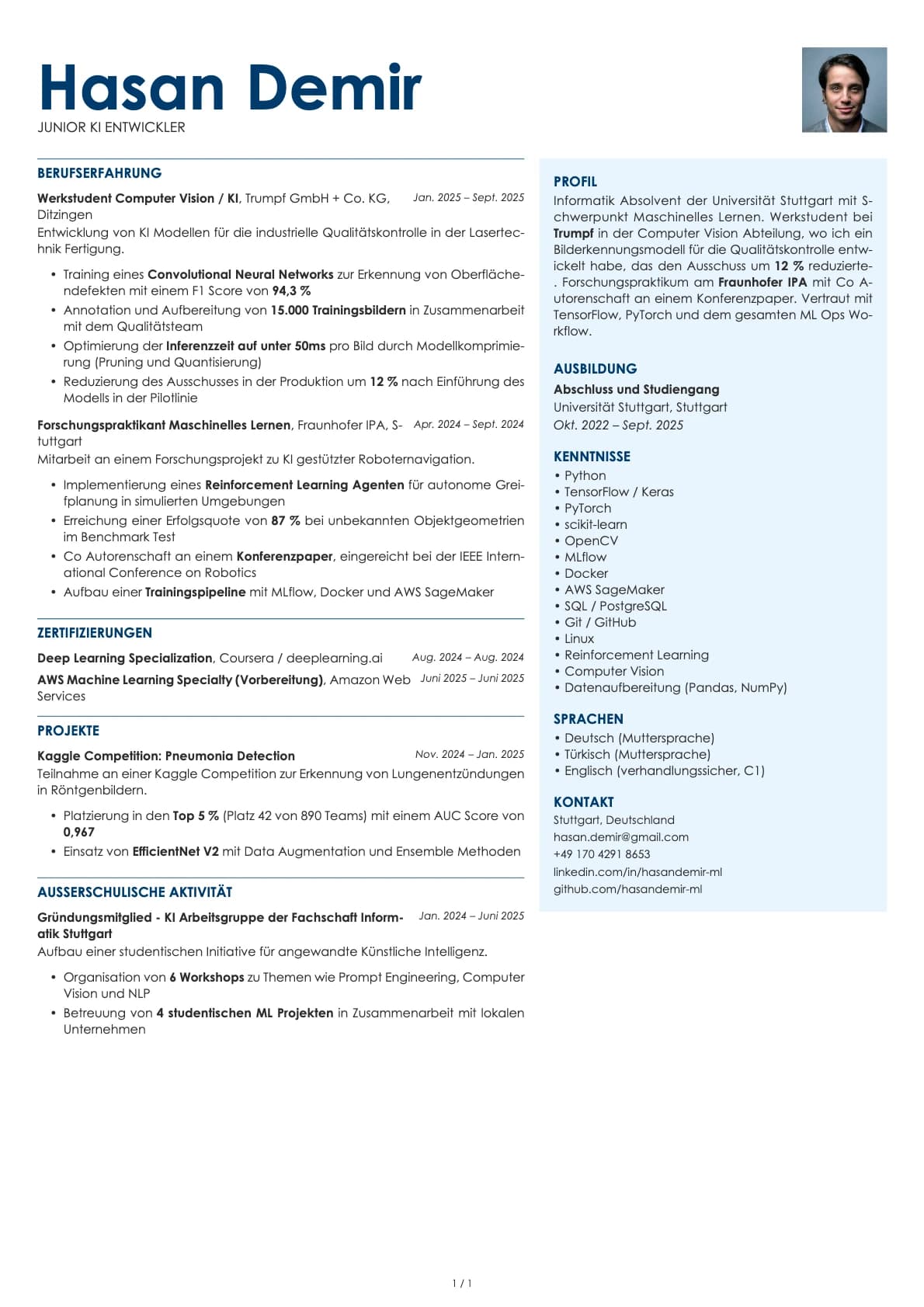 Junior KI Entwickler resume example