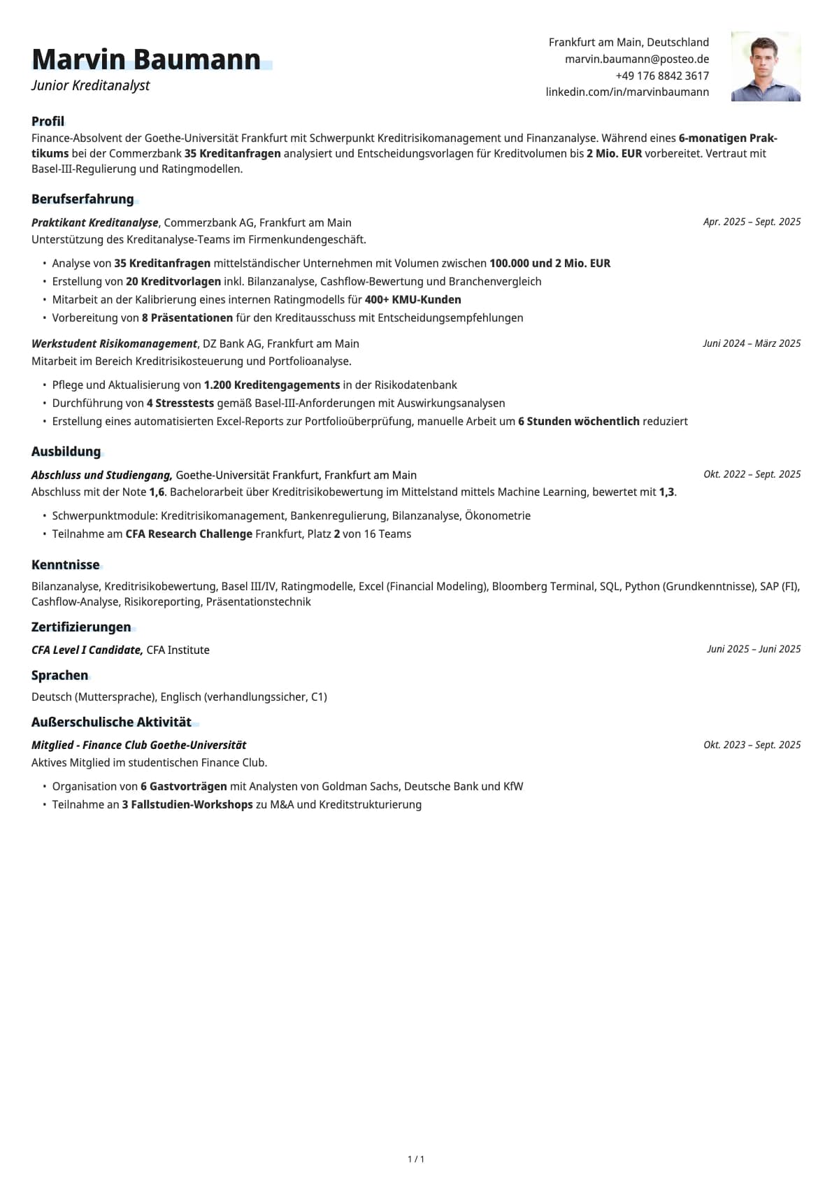 Junior Kreditanalyst resume example