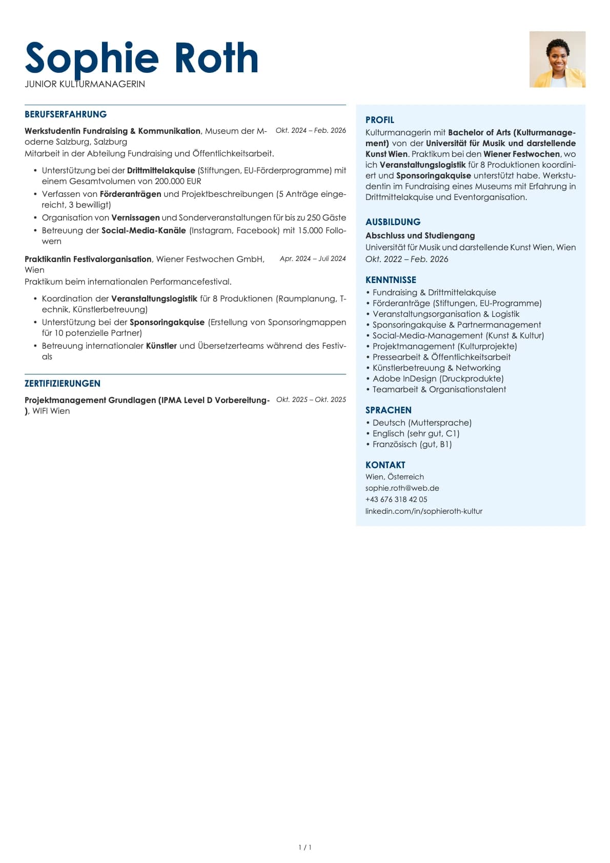 Junior Kulturmanager resume example