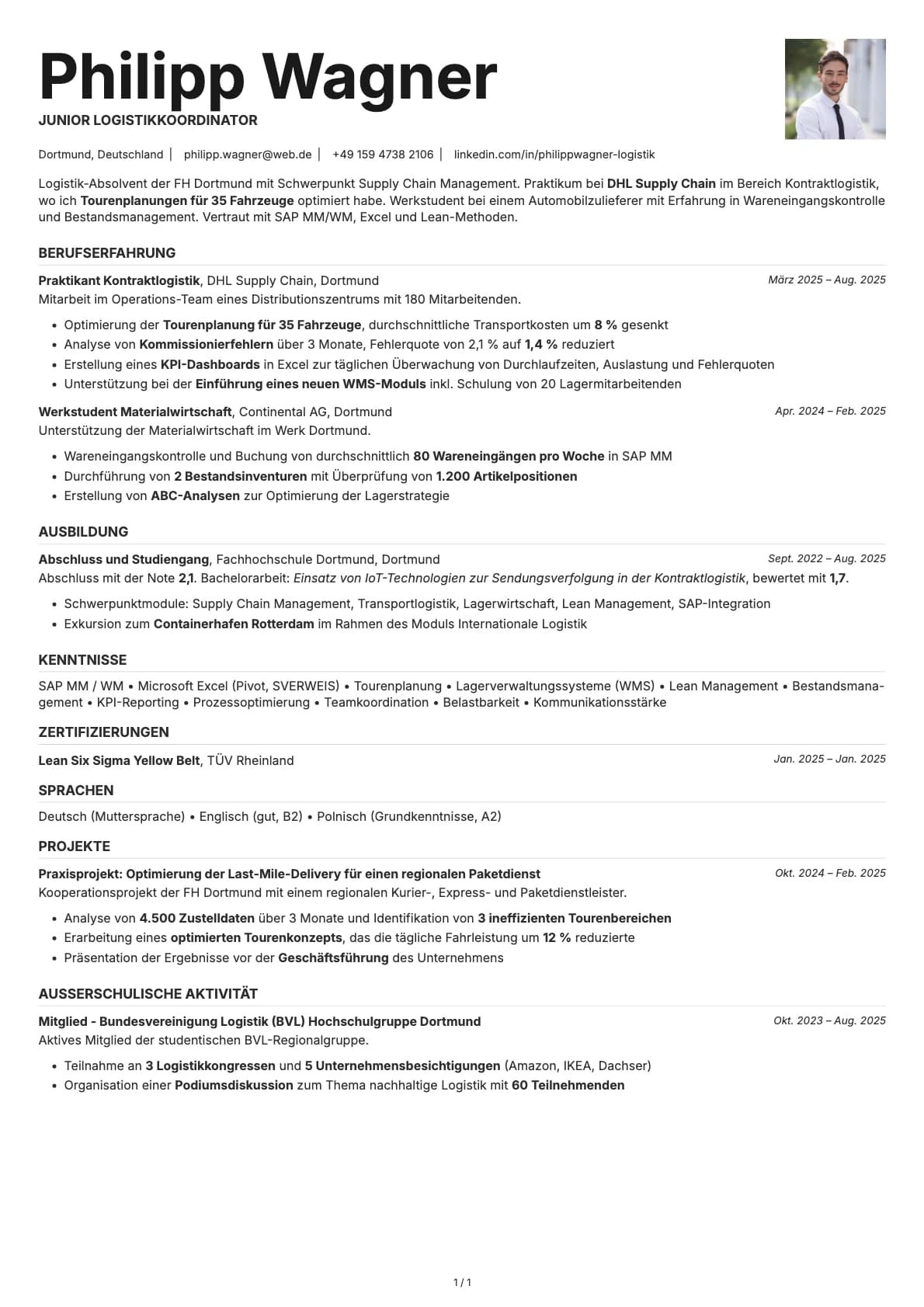 Junior Logistikkoordinator resume example