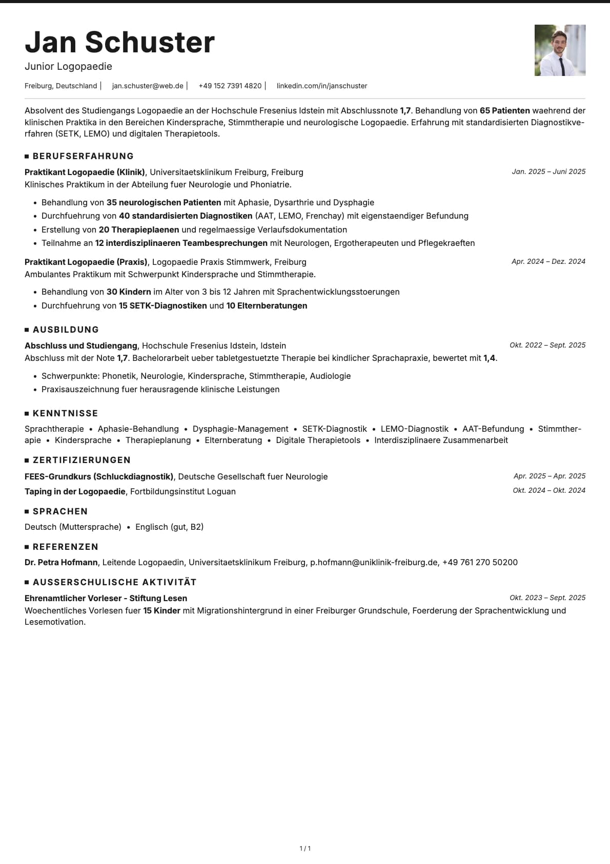 Junior Logopaedie resume example