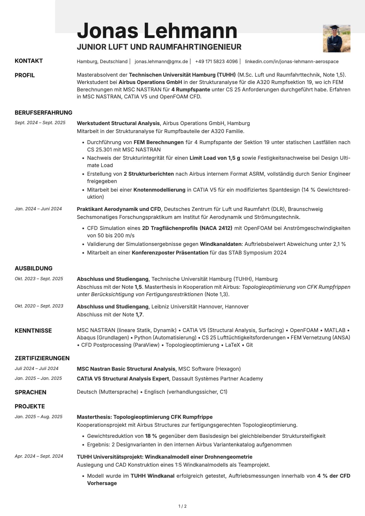 Junior Luft und Raumfahrtingenieur resume example