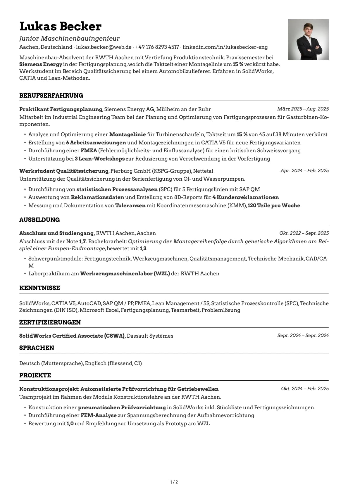 Junior Maschinenbauingenieur resume example