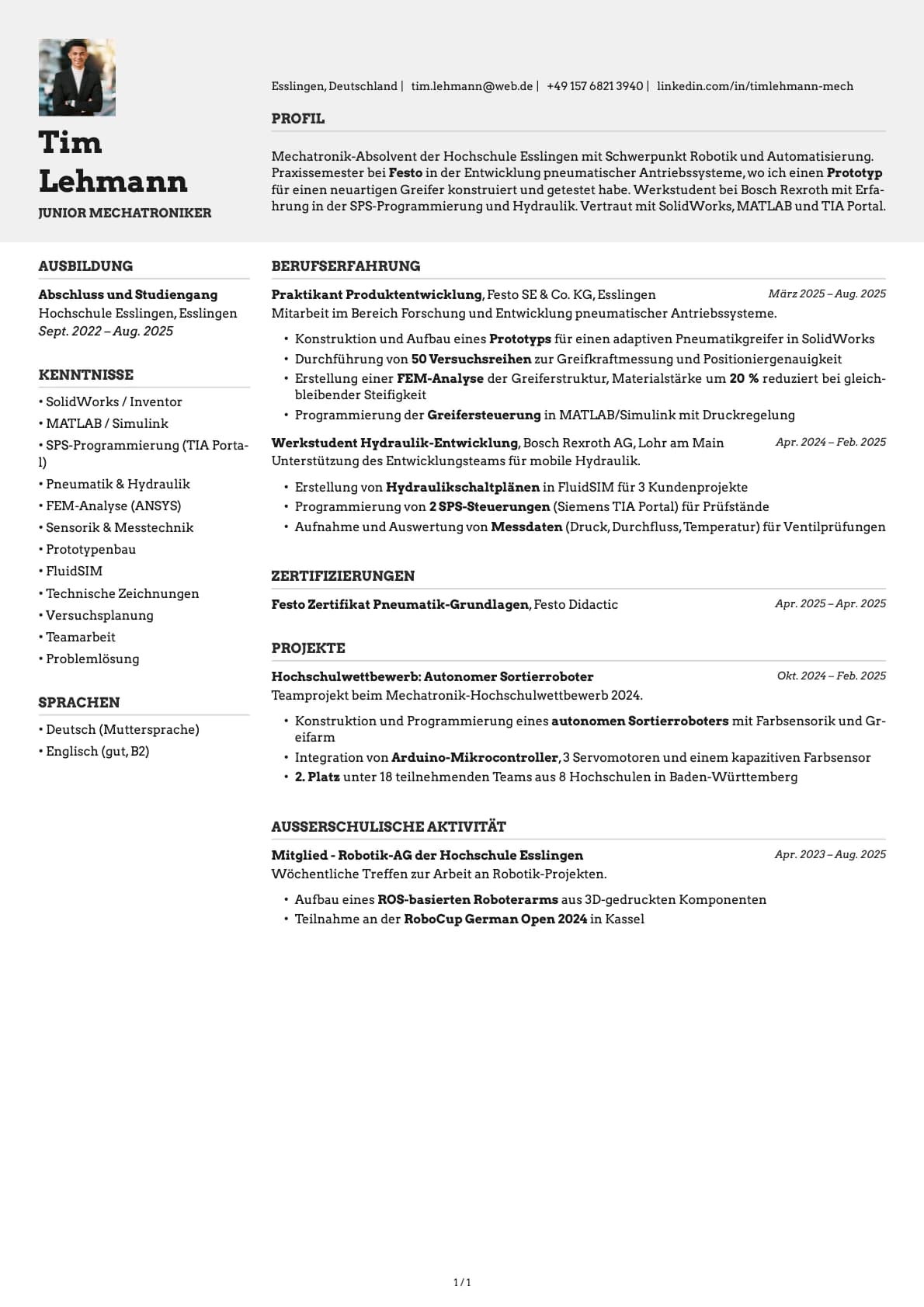 Junior Mechatroniker resume example