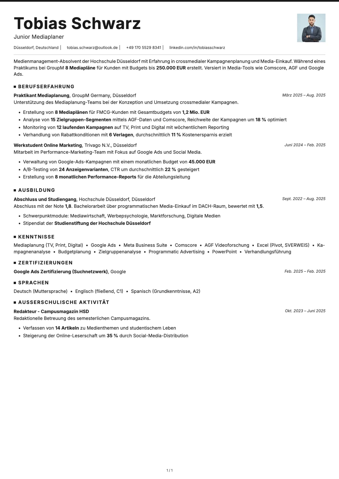 Junior Mediaplaner resume example
