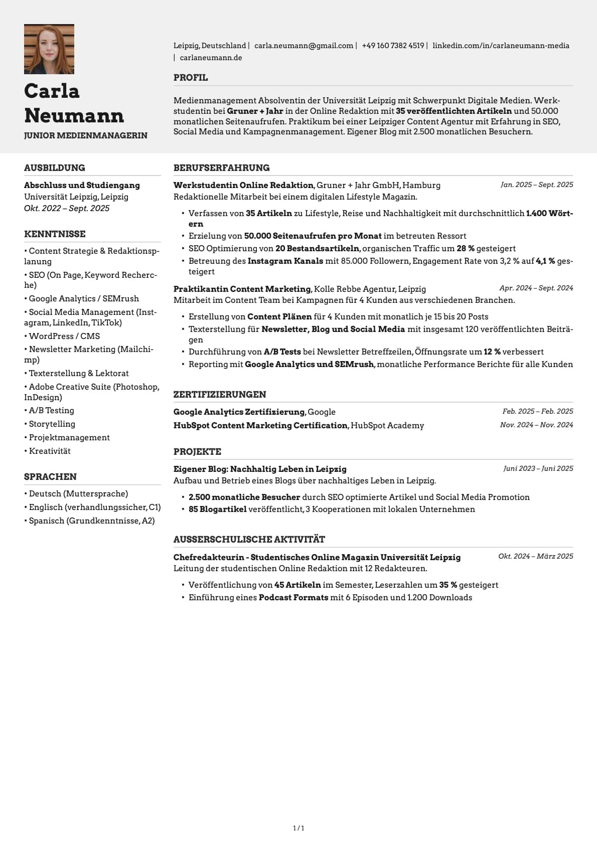 Junior Medienmanager resume example